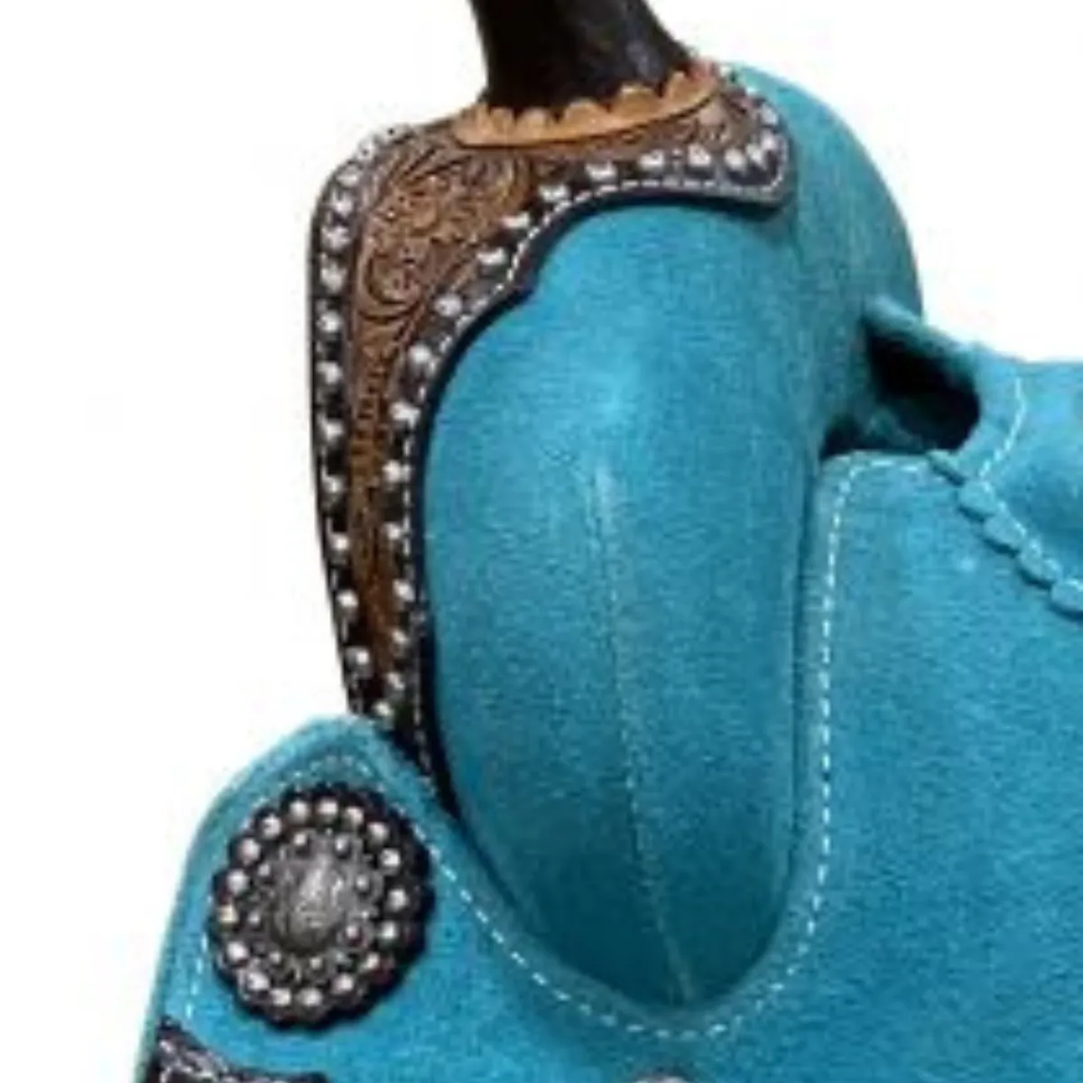 12" DOUBLE T TEAL ROUGH OUT BARREL STYLE SADDLE WITH SOUTHWEST PRINTED INLAY