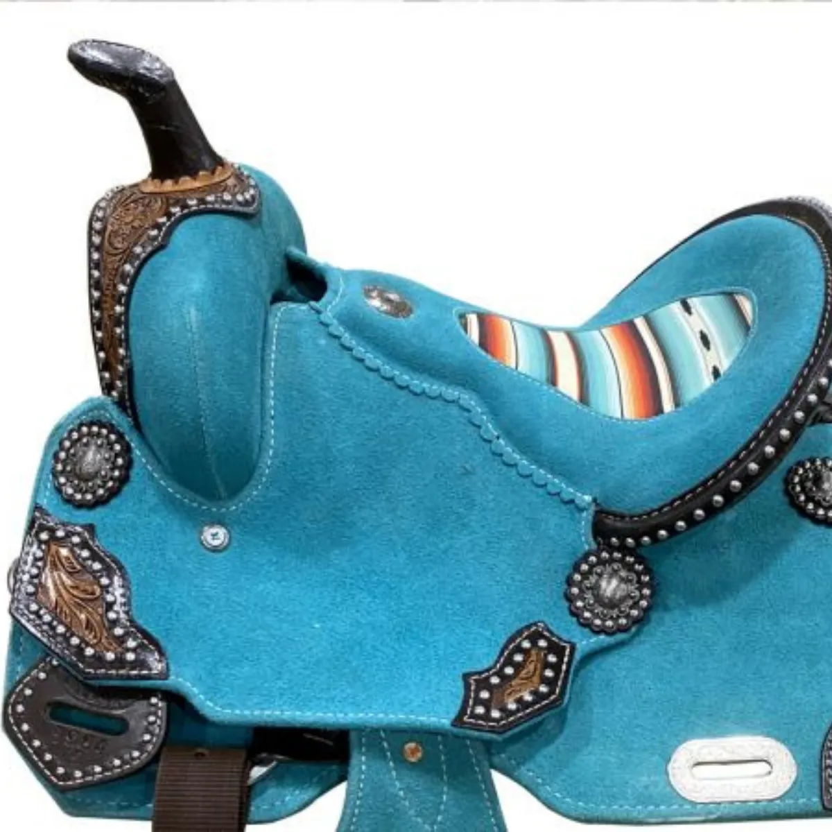 12" DOUBLE T TEAL ROUGH OUT BARREL STYLE SADDLE WITH SOUTHWEST PRINTED INLAY