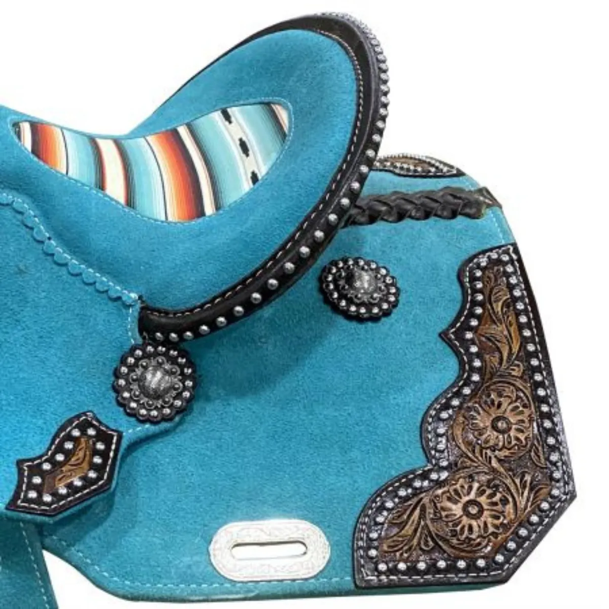 12" DOUBLE T TEAL ROUGH OUT BARREL STYLE SADDLE WITH SOUTHWEST PRINTED INLAY