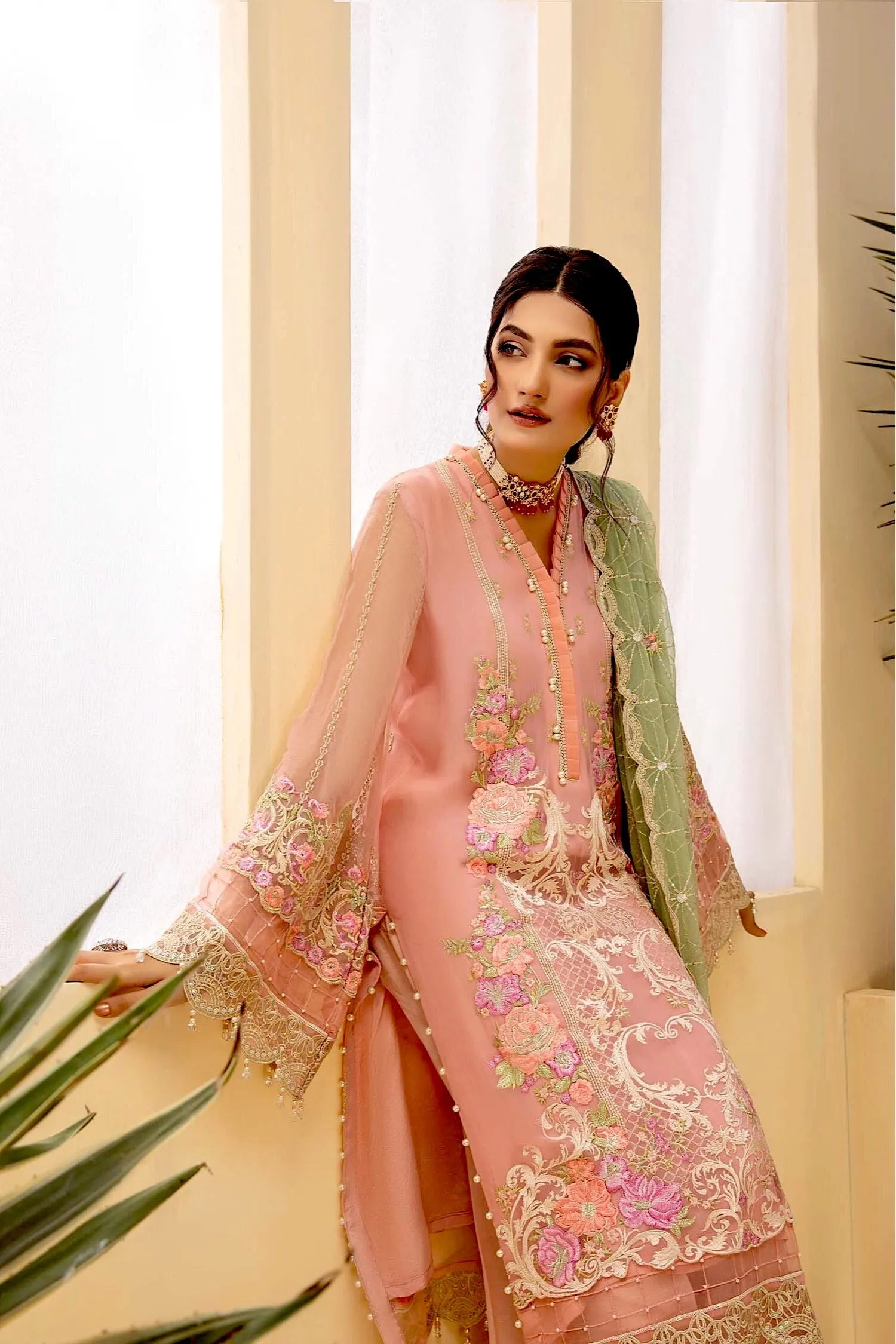 Adan's Libas Tesoro Embroidered Chiffon Formal Collection – Coral Bouget