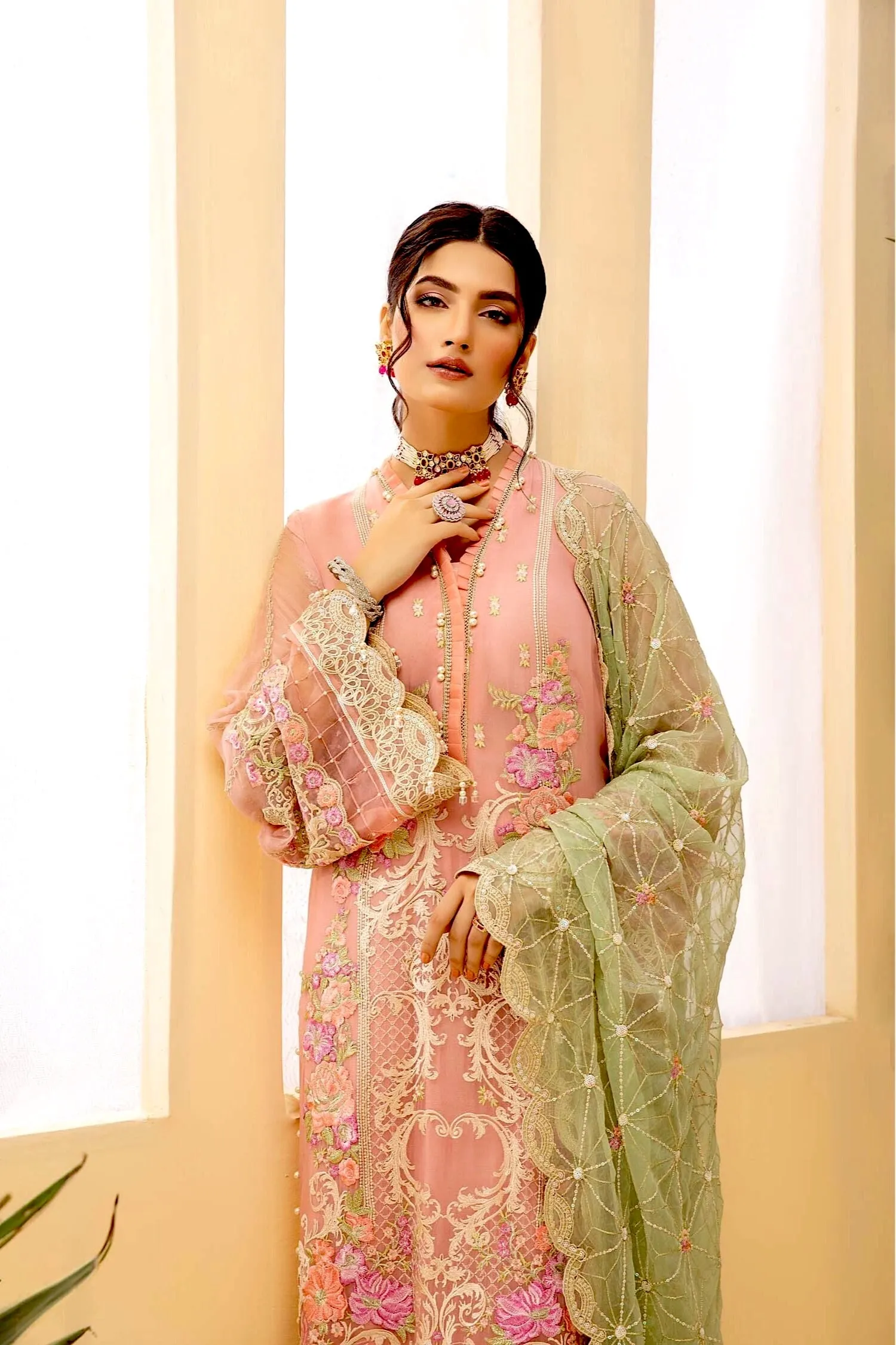 Adan's Libas Tesoro Embroidered Chiffon Formal Collection – Coral Bouget