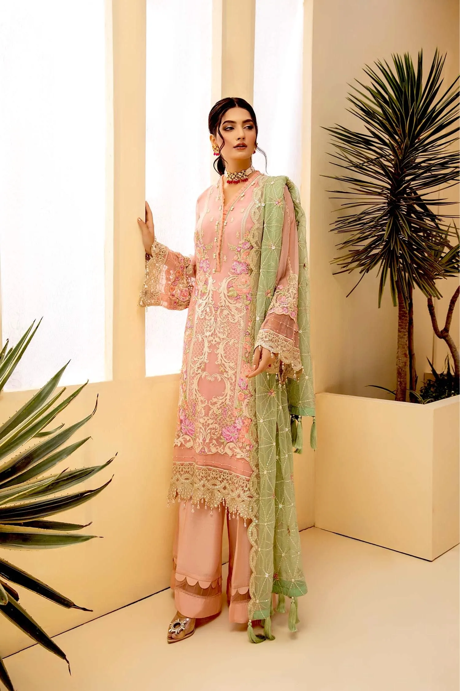 Adan's Libas Tesoro Embroidered Chiffon Formal Collection – Coral Bouget