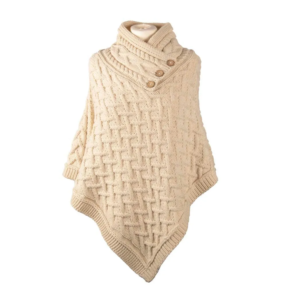 Aran Cable Button Shawl Neck Poncho