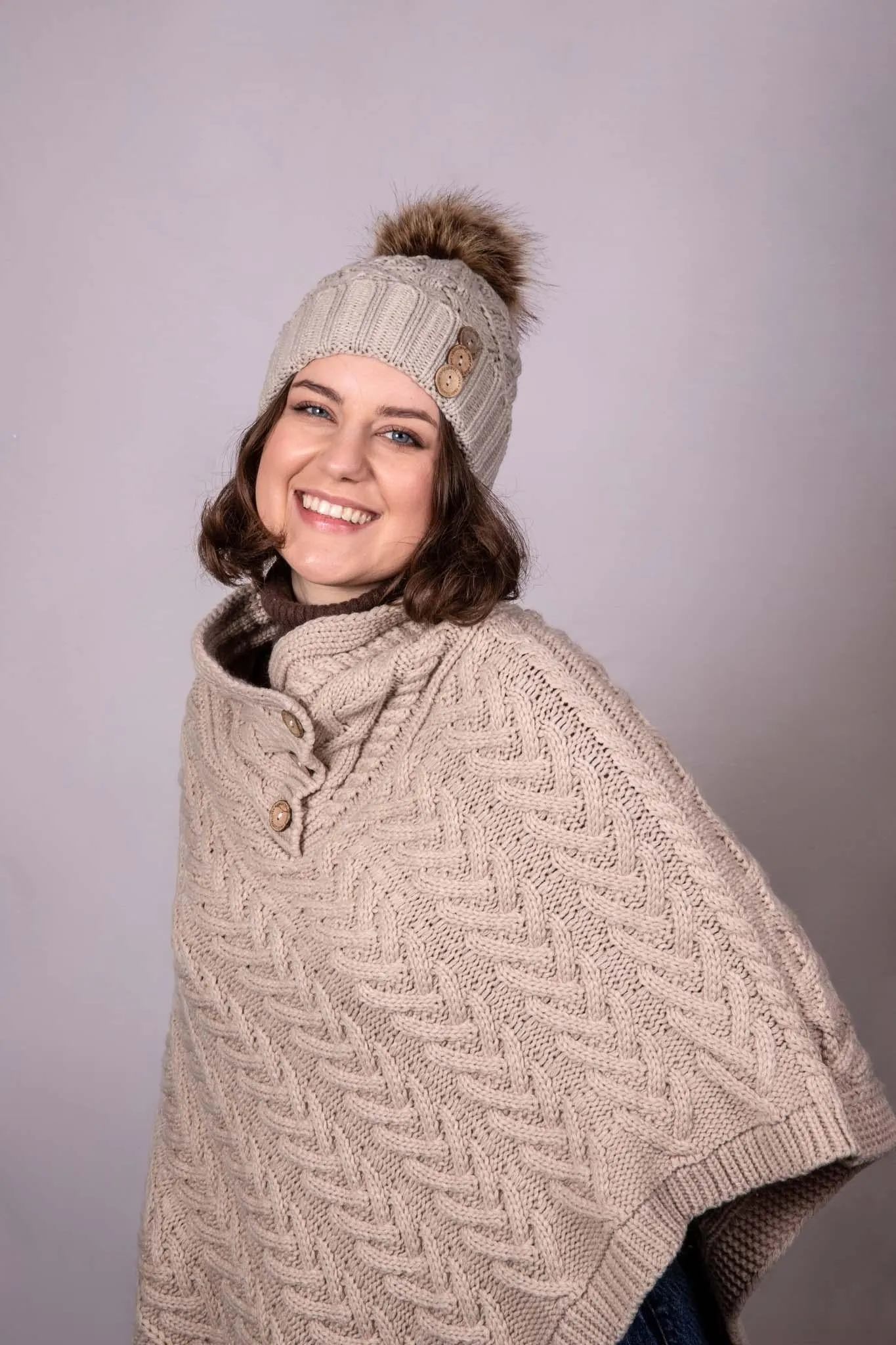 Aran Cable Button Shawl Neck Poncho