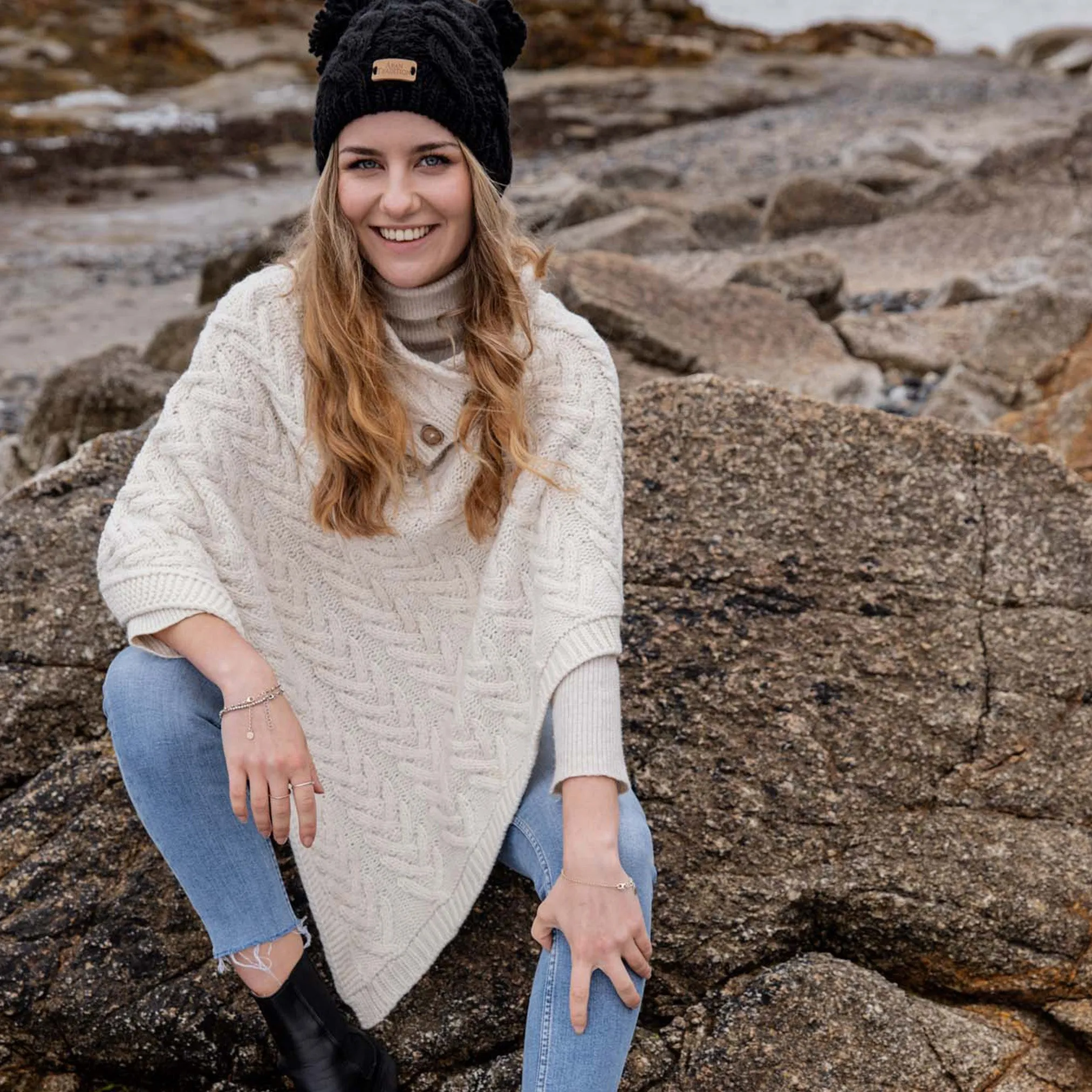 Aran Cable Button Shawl Neck Poncho