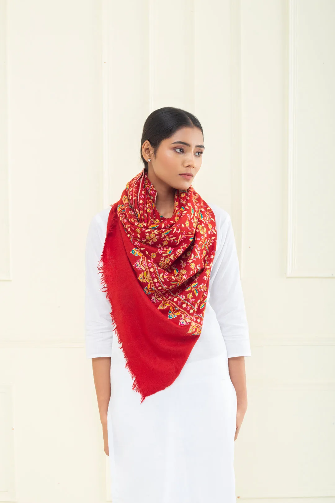 Bahaar Carmine Red Jaali Embroidered Pashmina Stole