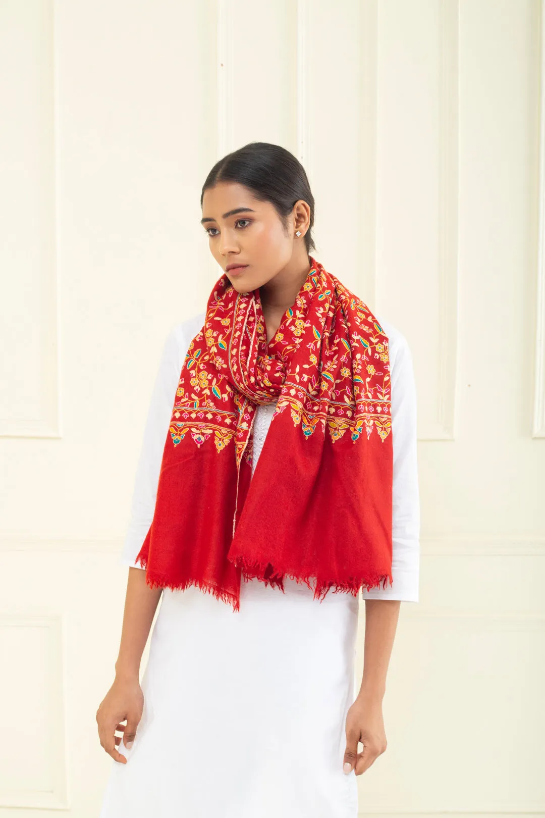 Bahaar Carmine Red Jaali Embroidered Pashmina Stole