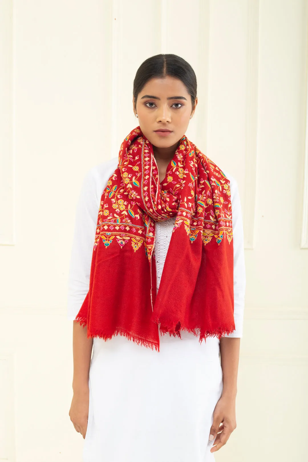 Bahaar Carmine Red Jaali Embroidered Pashmina Stole