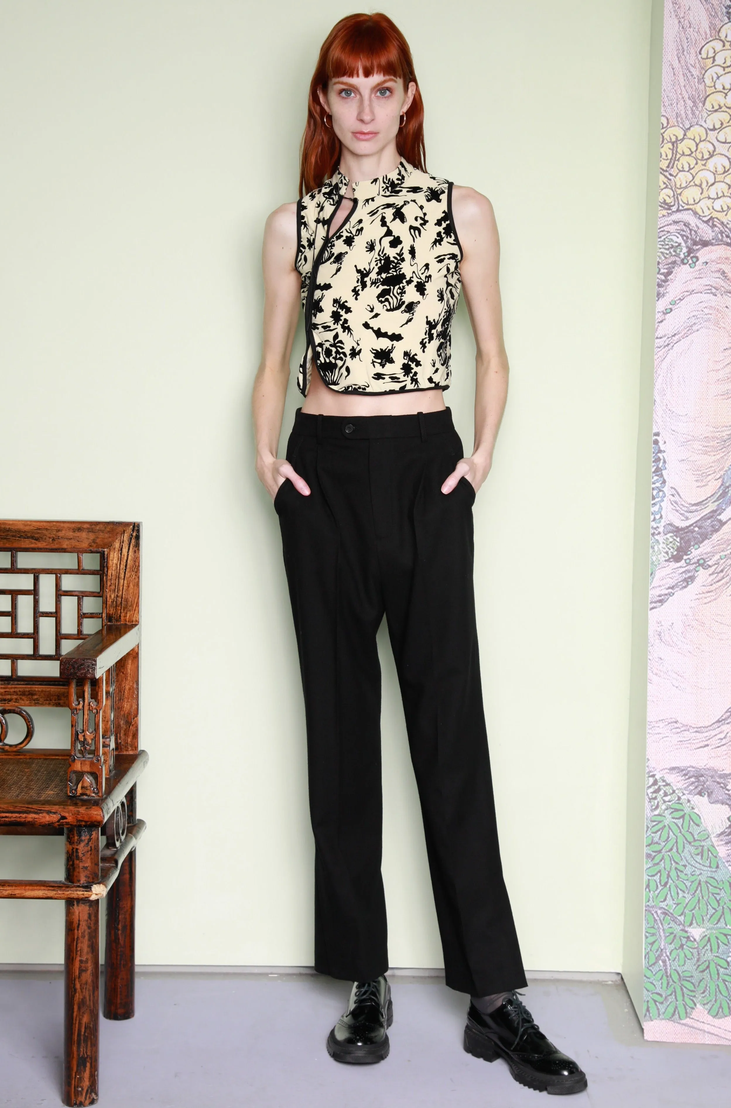 Beige Floral Printed Mandarin Collar Top