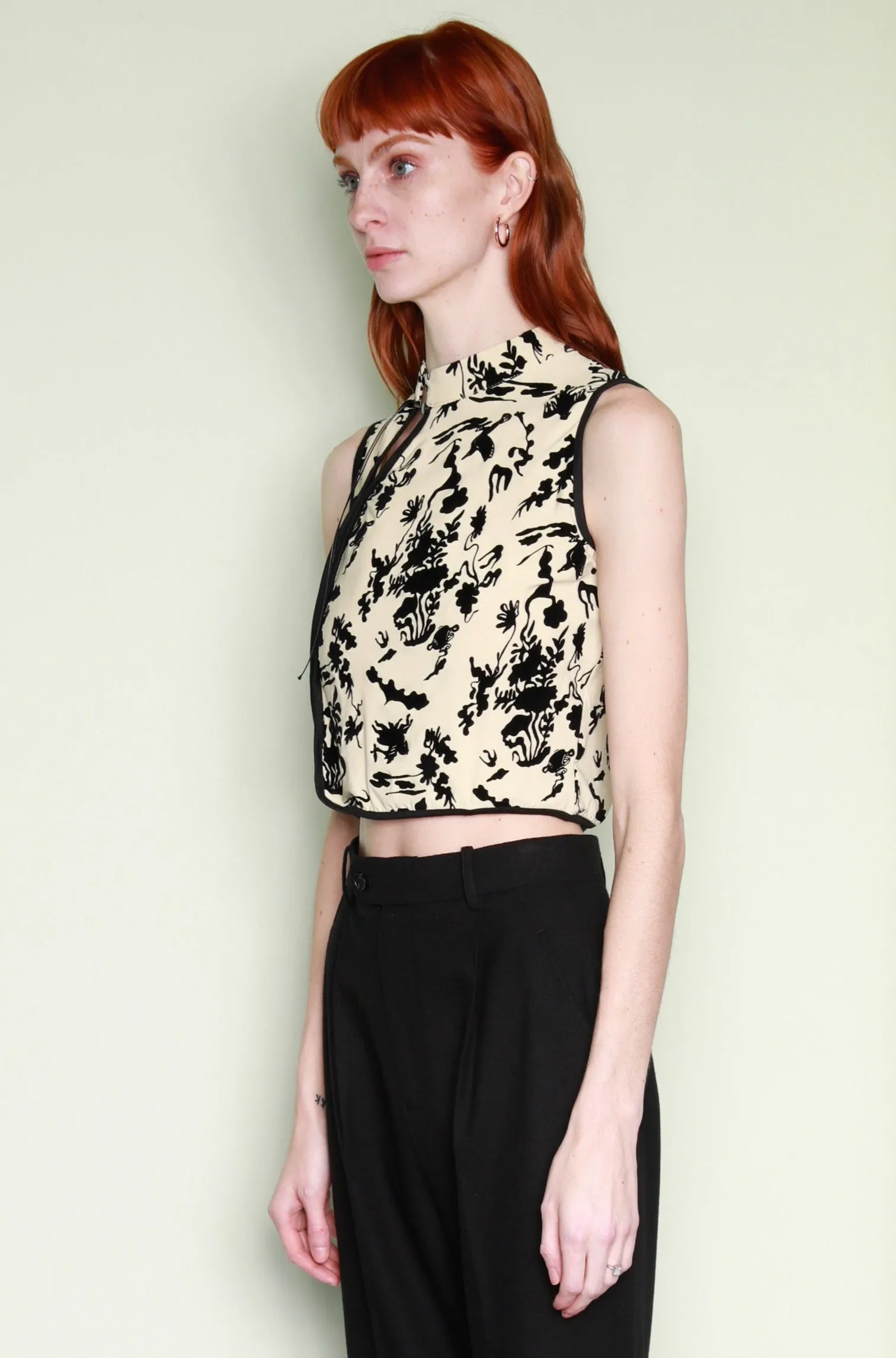 Beige Floral Printed Mandarin Collar Top