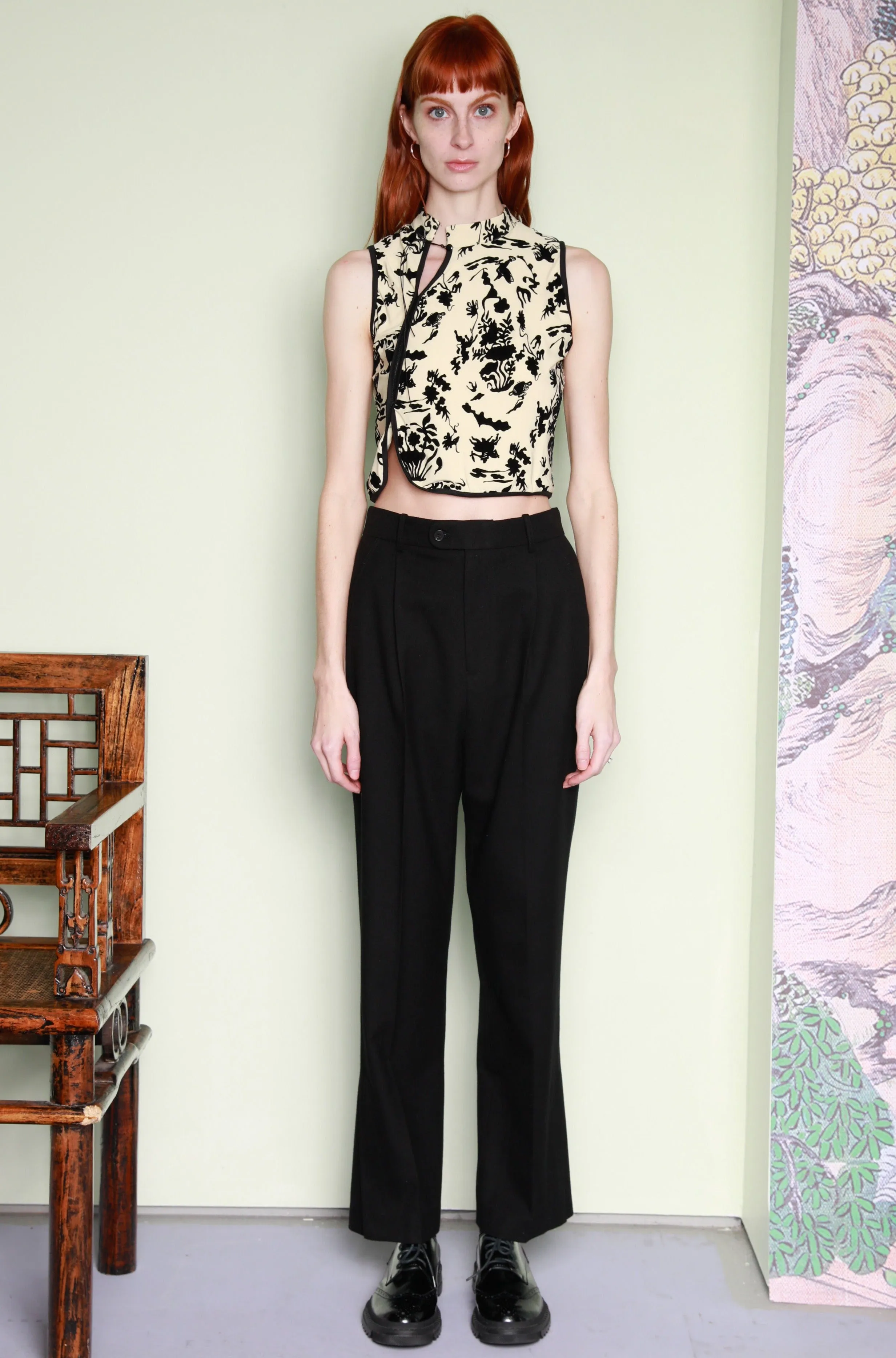 Beige Floral Printed Mandarin Collar Top
