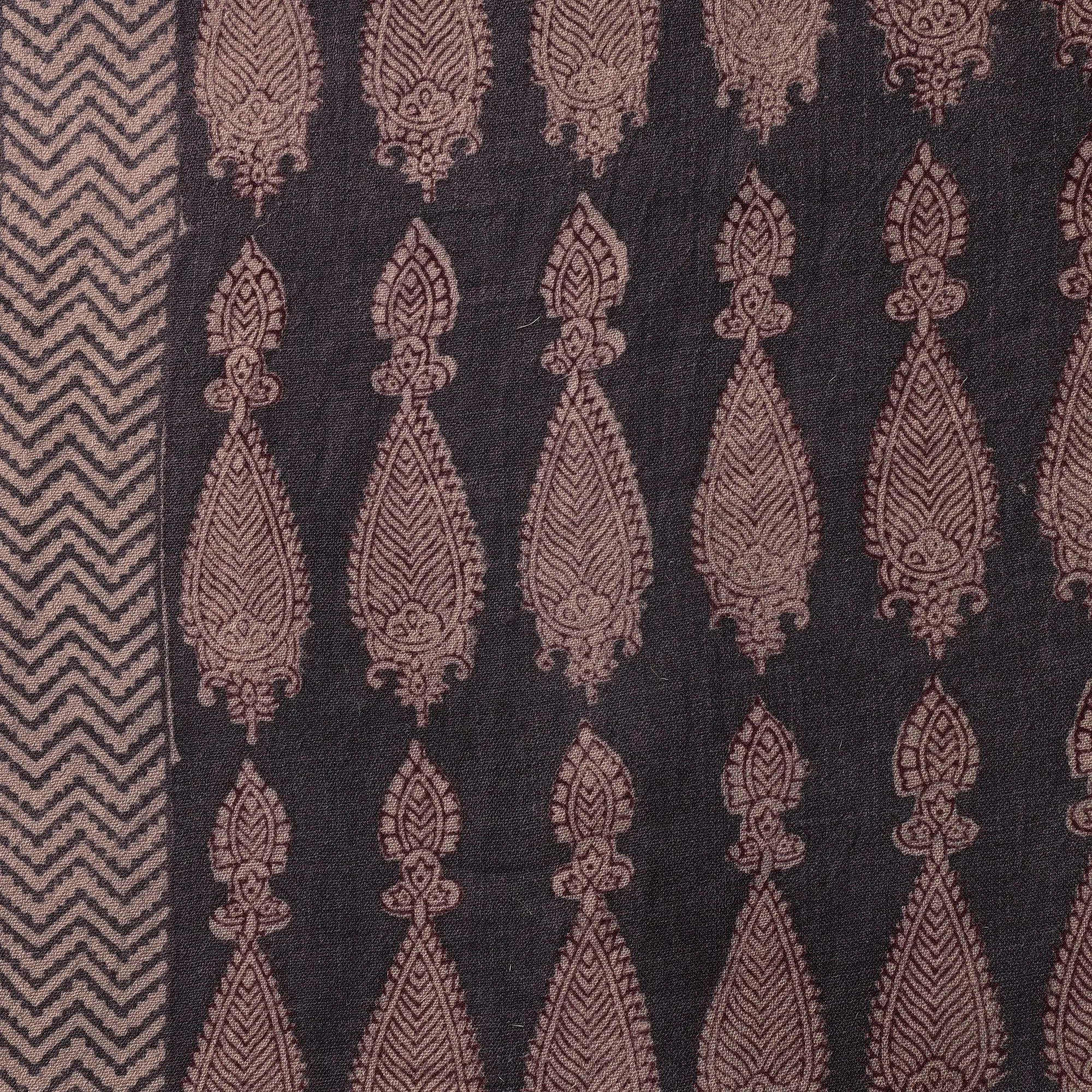 Black - Bagh Block Printed Pure Merino Wool Handloom Fabric