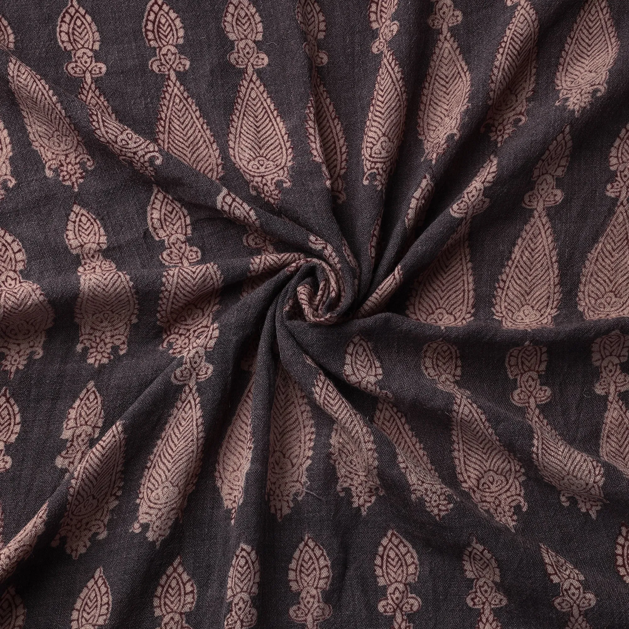 Black - Bagh Block Printed Pure Merino Wool Handloom Fabric