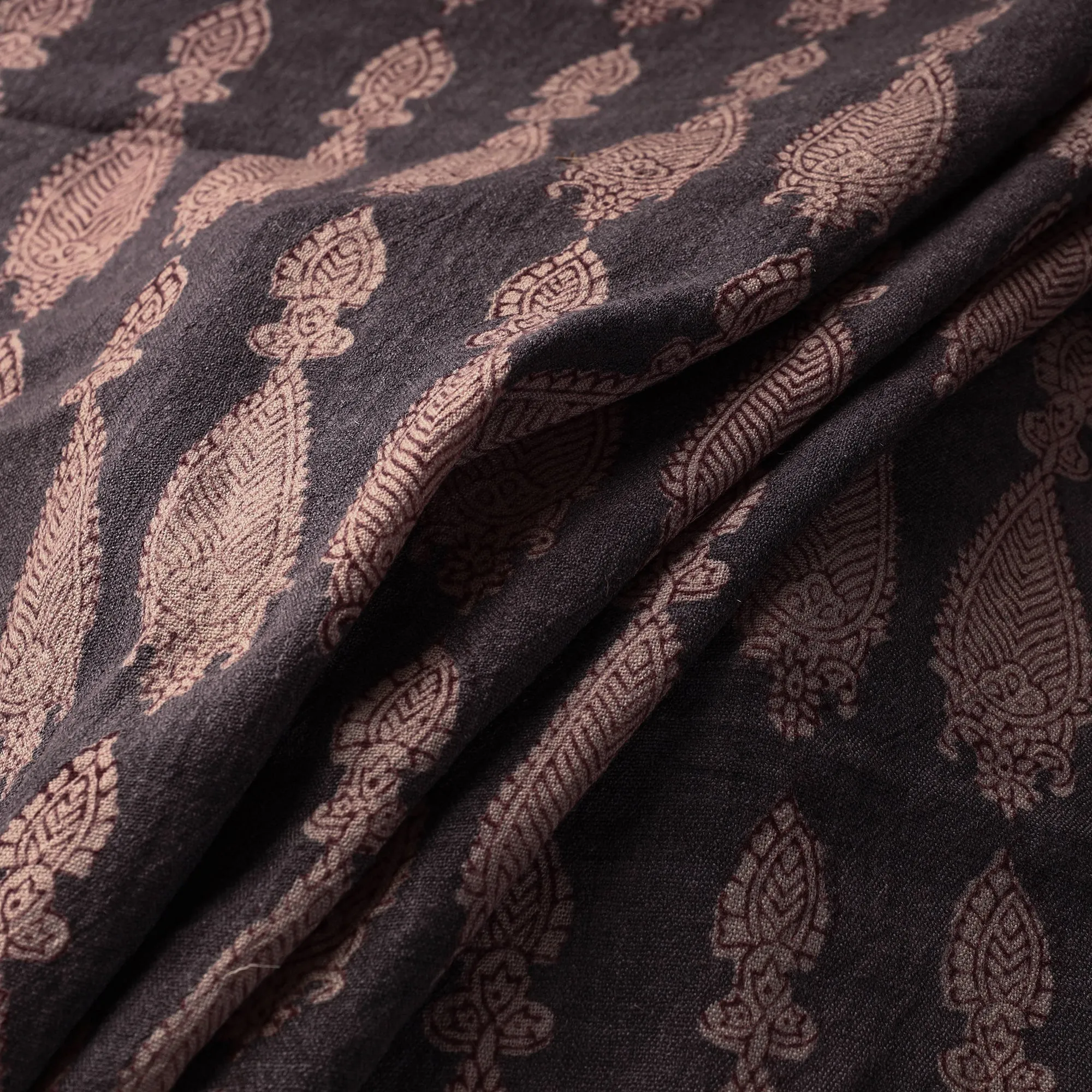 Black - Bagh Block Printed Pure Merino Wool Handloom Fabric