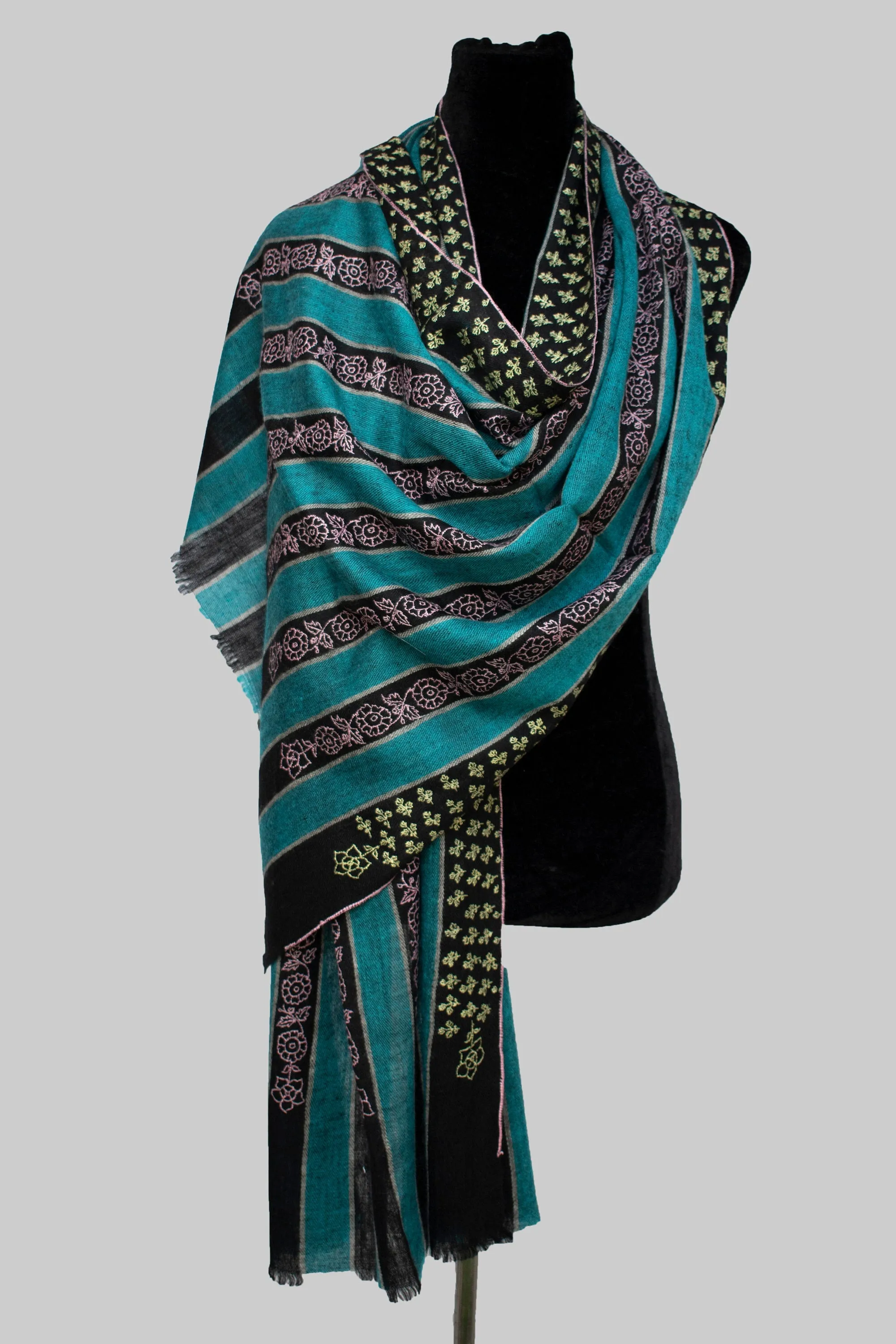 Blue black stripes Pure Pashmina Cashmere Scarf Wrap, Hand Embroided Handwoven