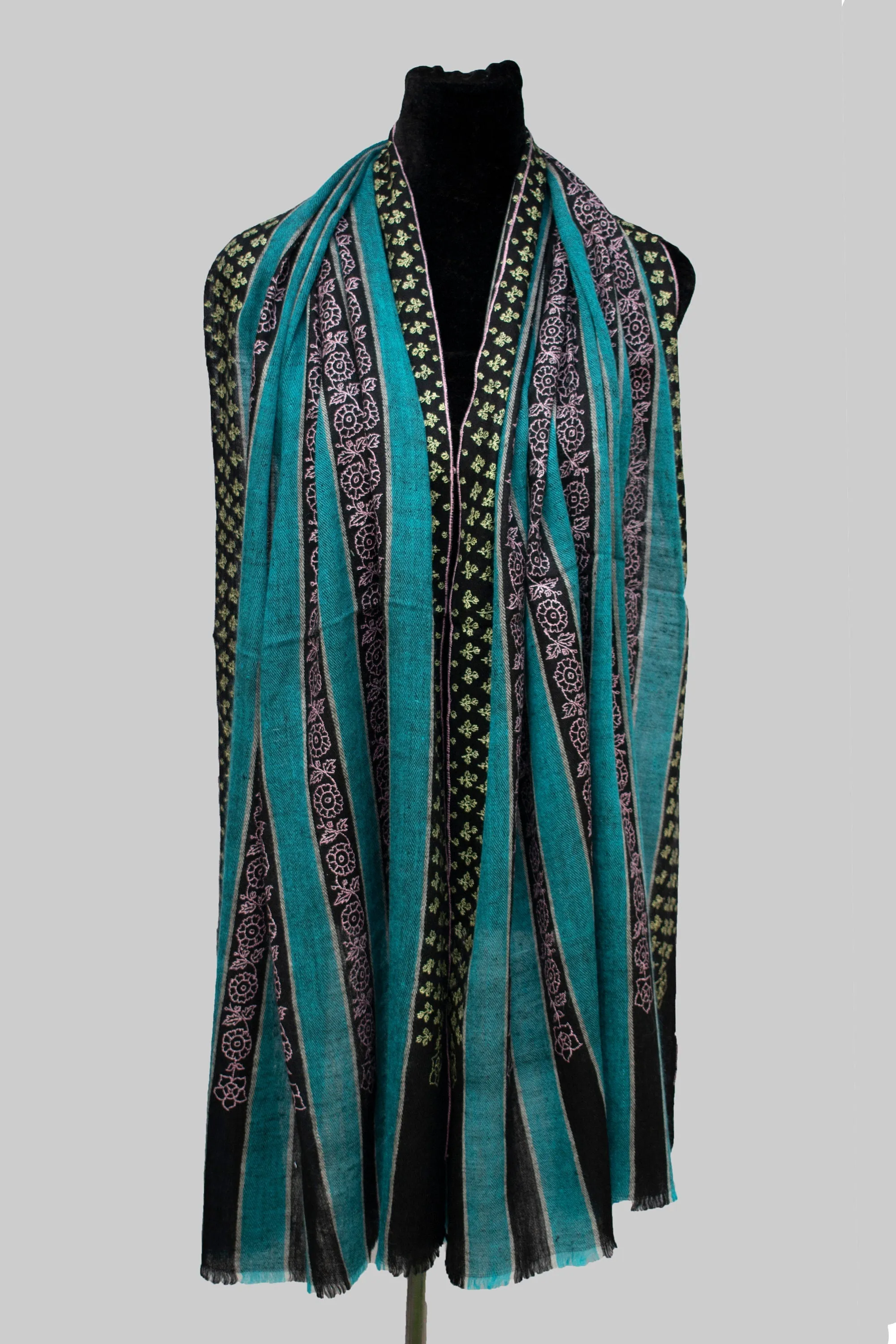 Blue black stripes Pure Pashmina Cashmere Scarf Wrap, Hand Embroided Handwoven