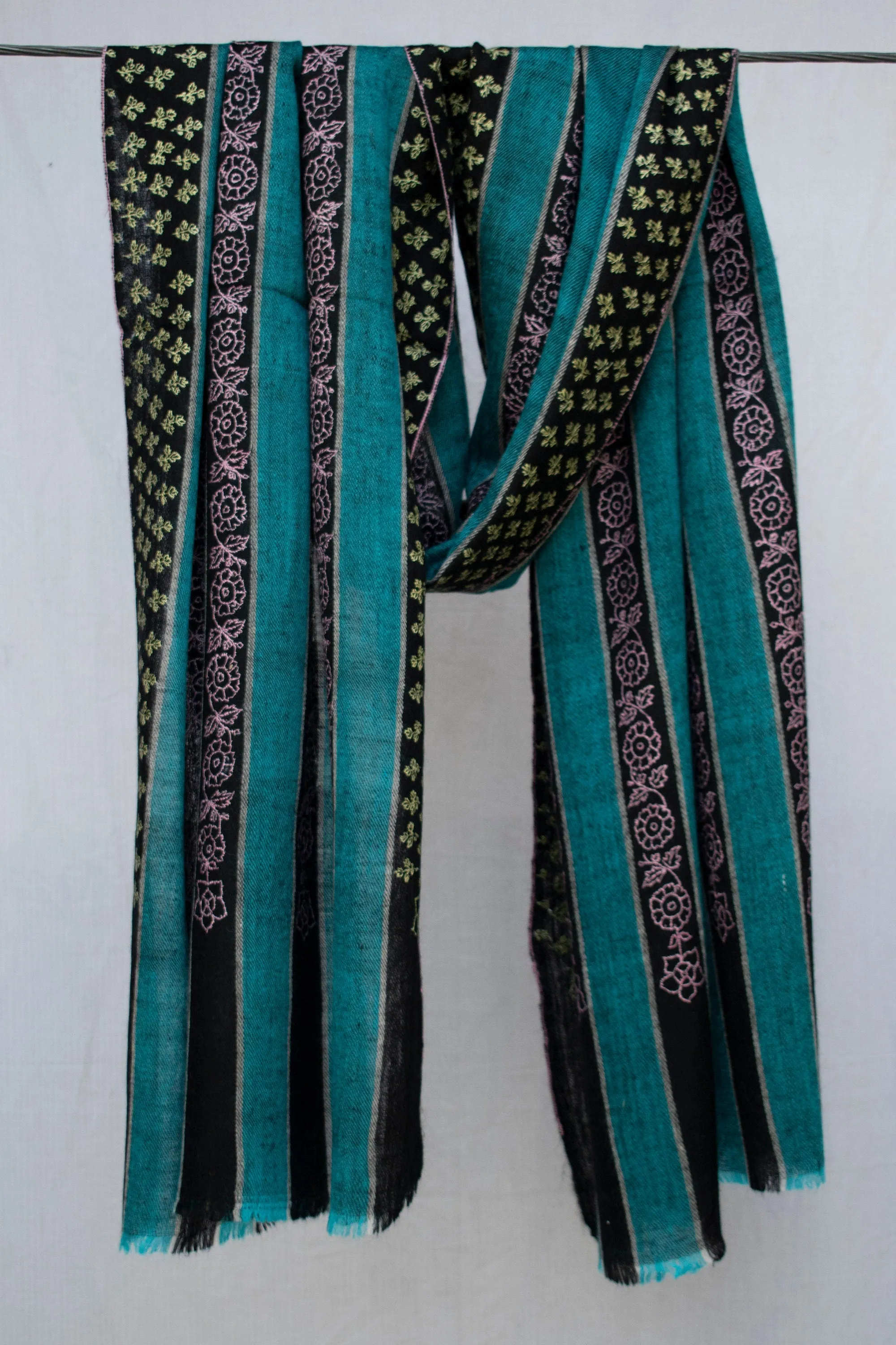 Blue black stripes Pure Pashmina Cashmere Scarf Wrap, Hand Embroided Handwoven