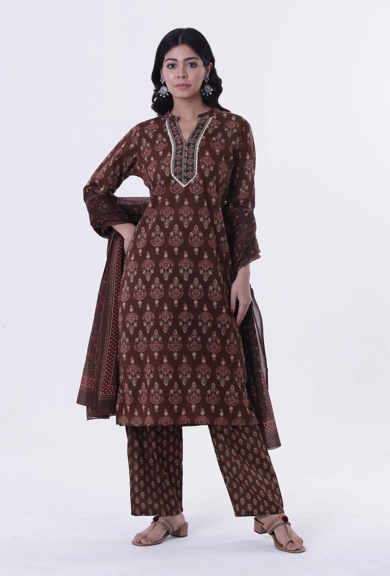 Brown & Multicolor Cotton Block Printed Dupatta