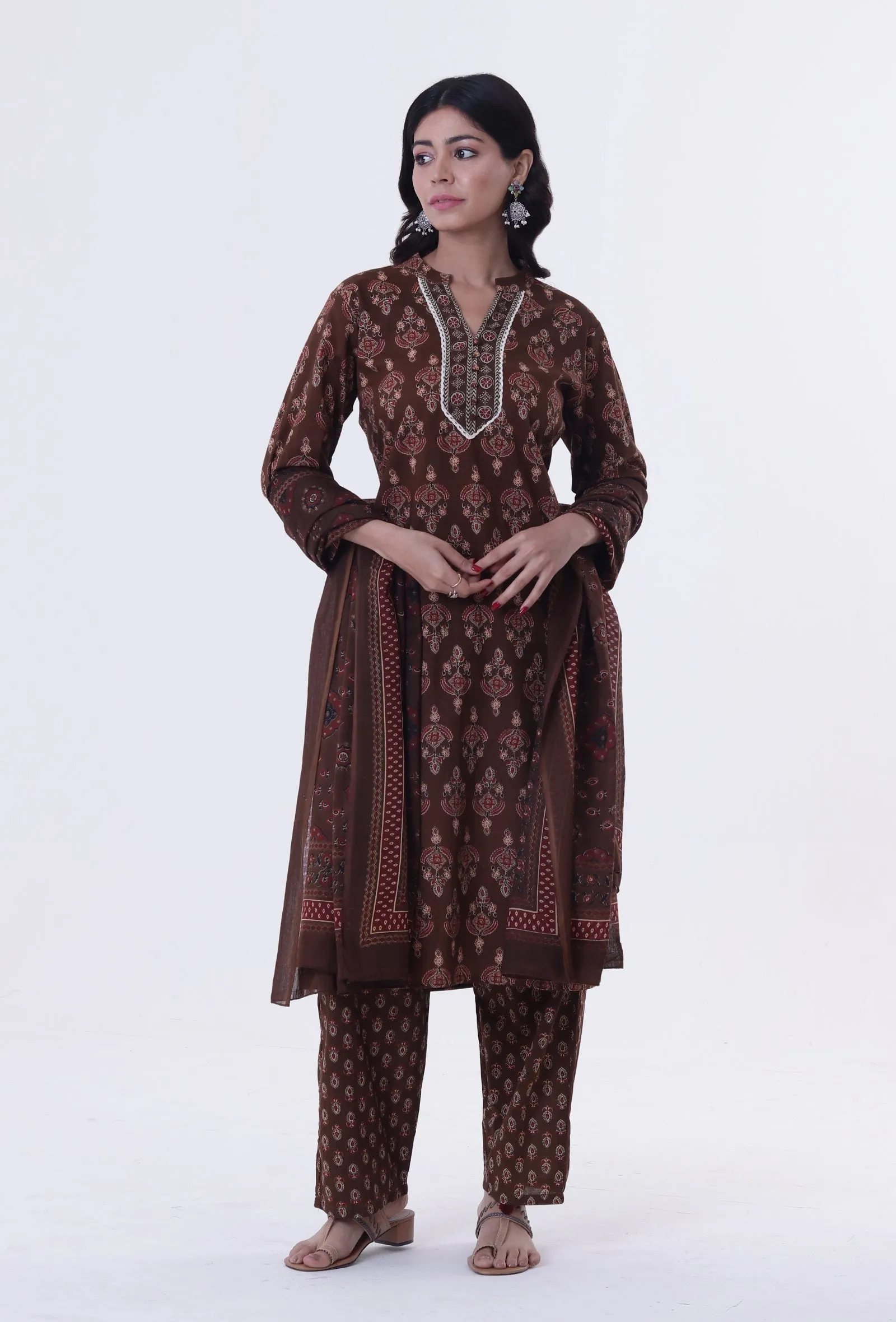 Brown & Multicolor Cotton Block Printed Dupatta
