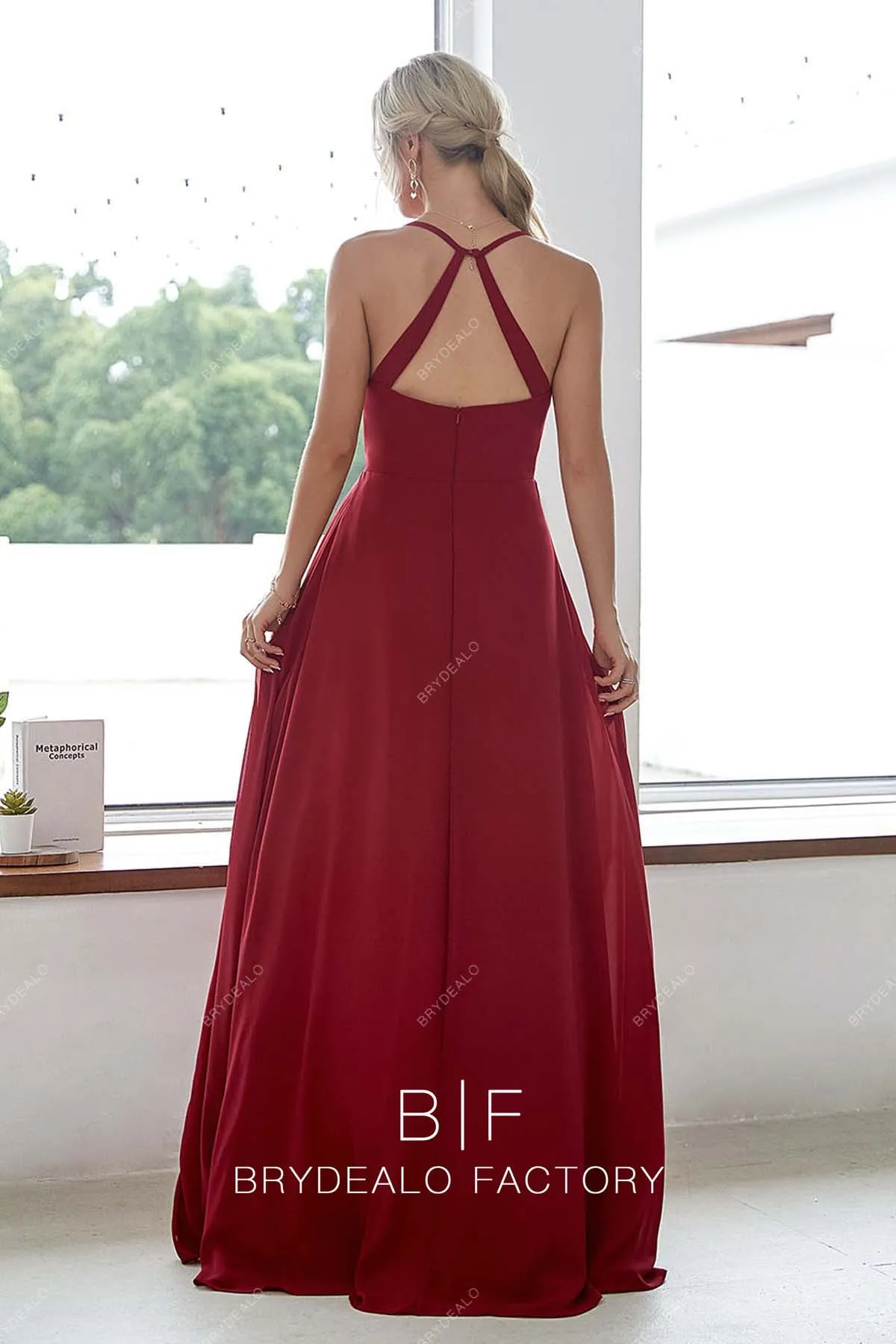 Burgundy Chiffon V-Neck Halter Slit Long Dress