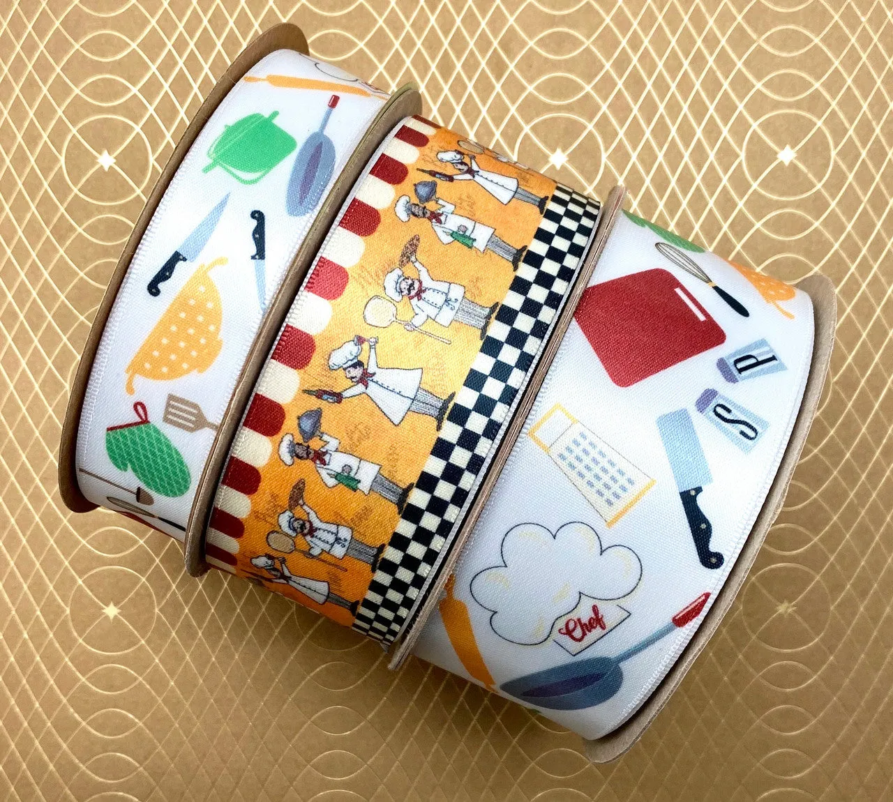 Chefs Ribbon featuring chefs in their aprons on a yellow detailed background printed on 1.5" white single face satin