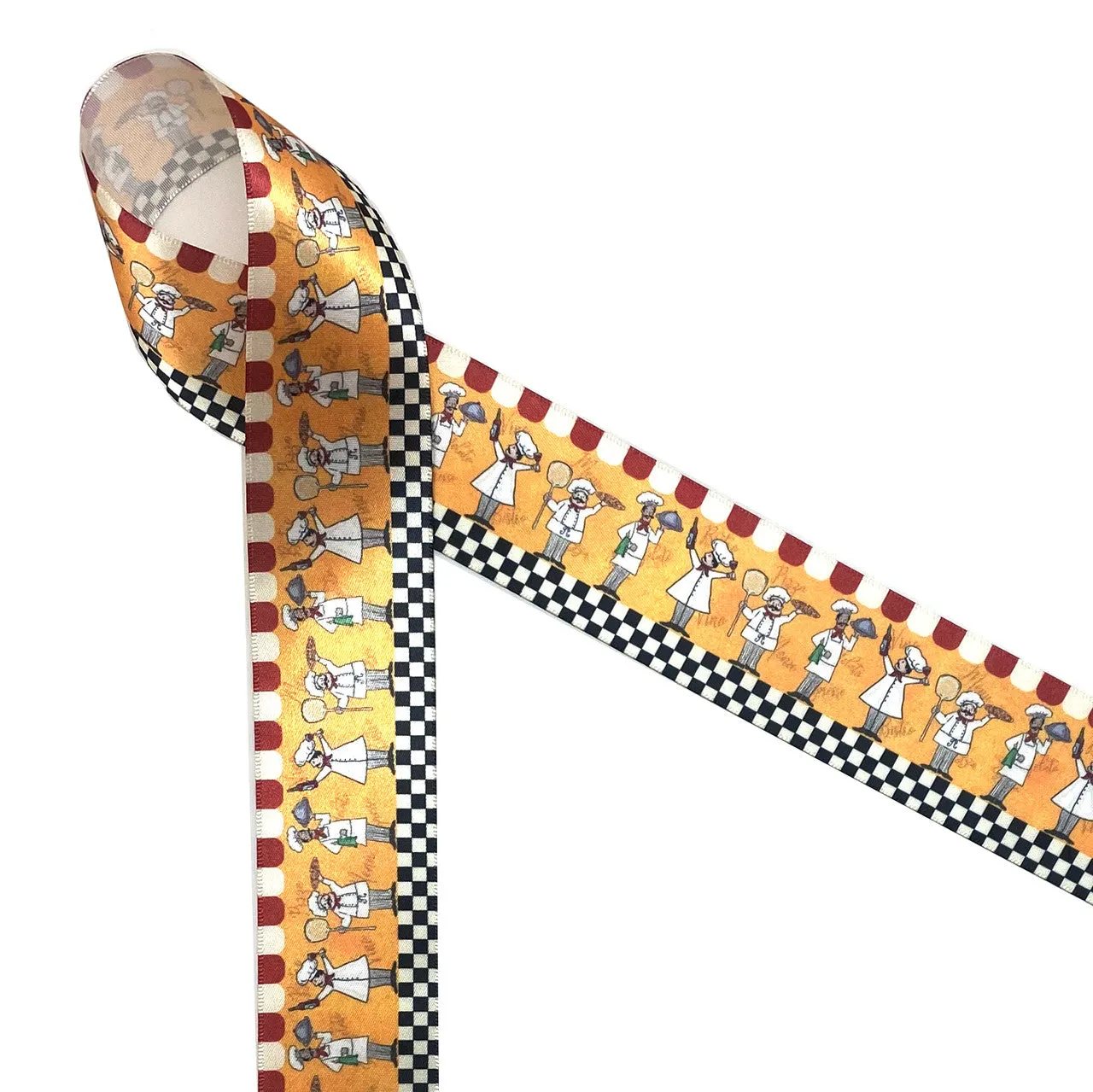 Chefs Ribbon featuring chefs in their aprons on a yellow detailed background printed on 1.5" white single face satin