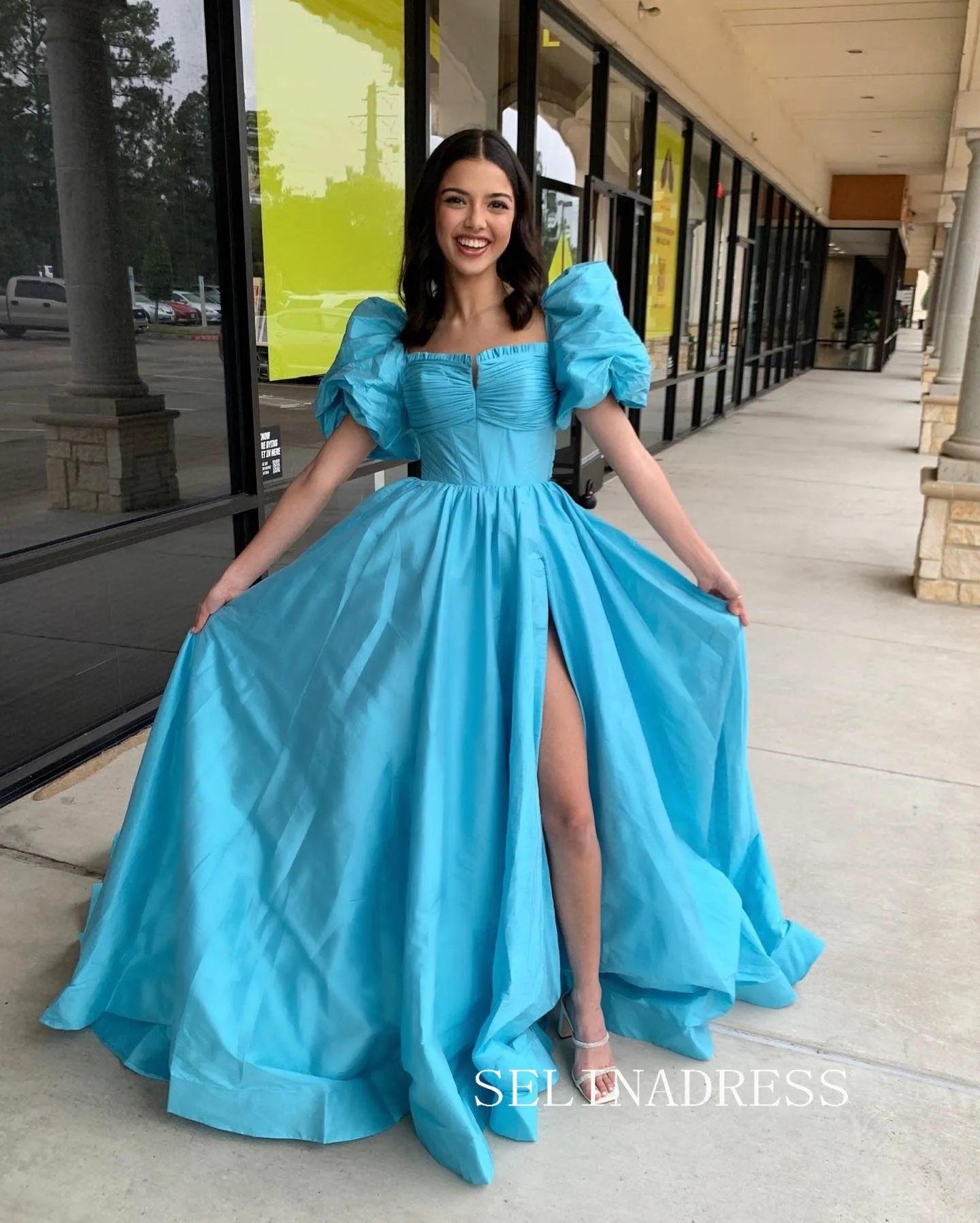 Chic A-line Puff Sleeve Prom Dress Cheap Satin Long Evening Gowns lpk503