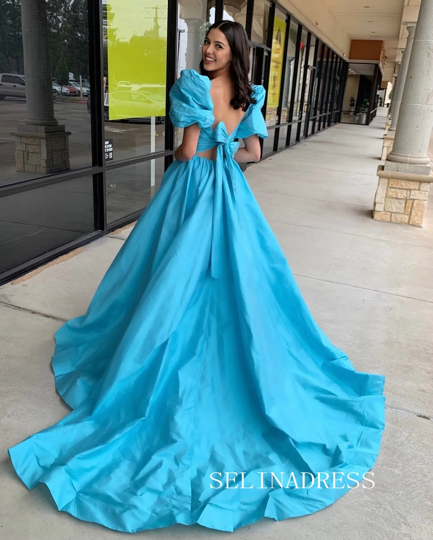 Chic A-line Puff Sleeve Prom Dress Cheap Satin Long Evening Gowns lpk503