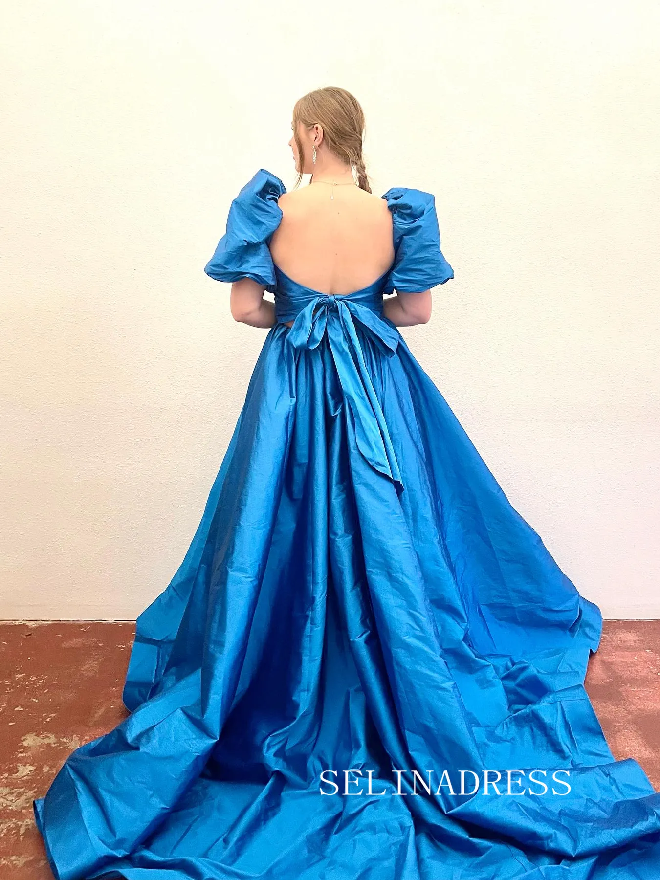 Chic A-line Puff Sleeve Prom Dress Cheap Satin Long Evening Gowns lpk503