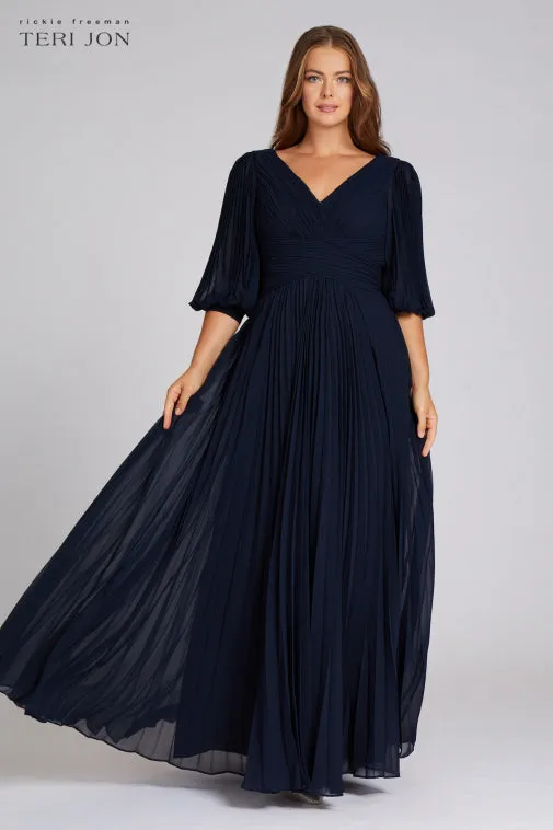 Chiffon Puff Sleeve Pleated VNeck Gown