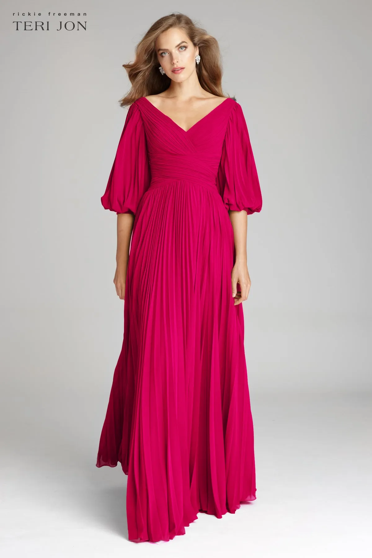 Chiffon Puff Sleeve Pleated VNeck Gown