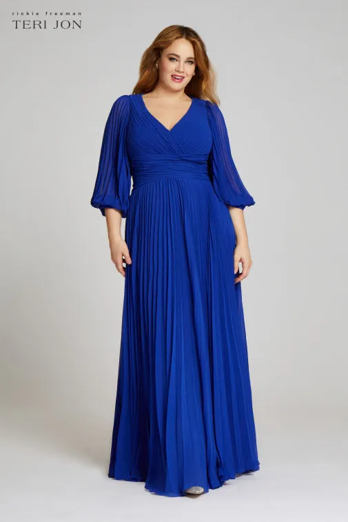 Chiffon Puff Sleeve Pleated VNeck Gown