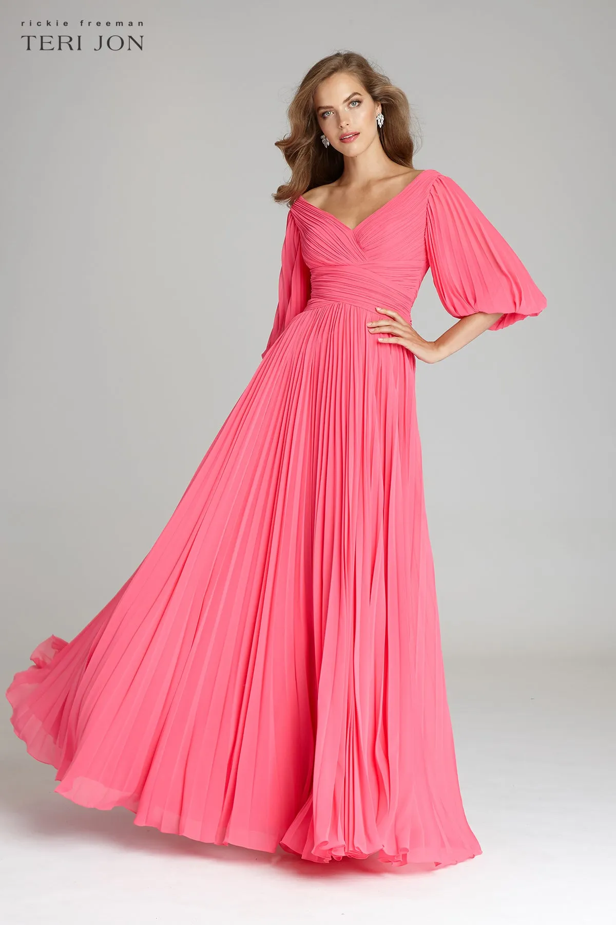 Chiffon Puff Sleeve Pleated VNeck Gown