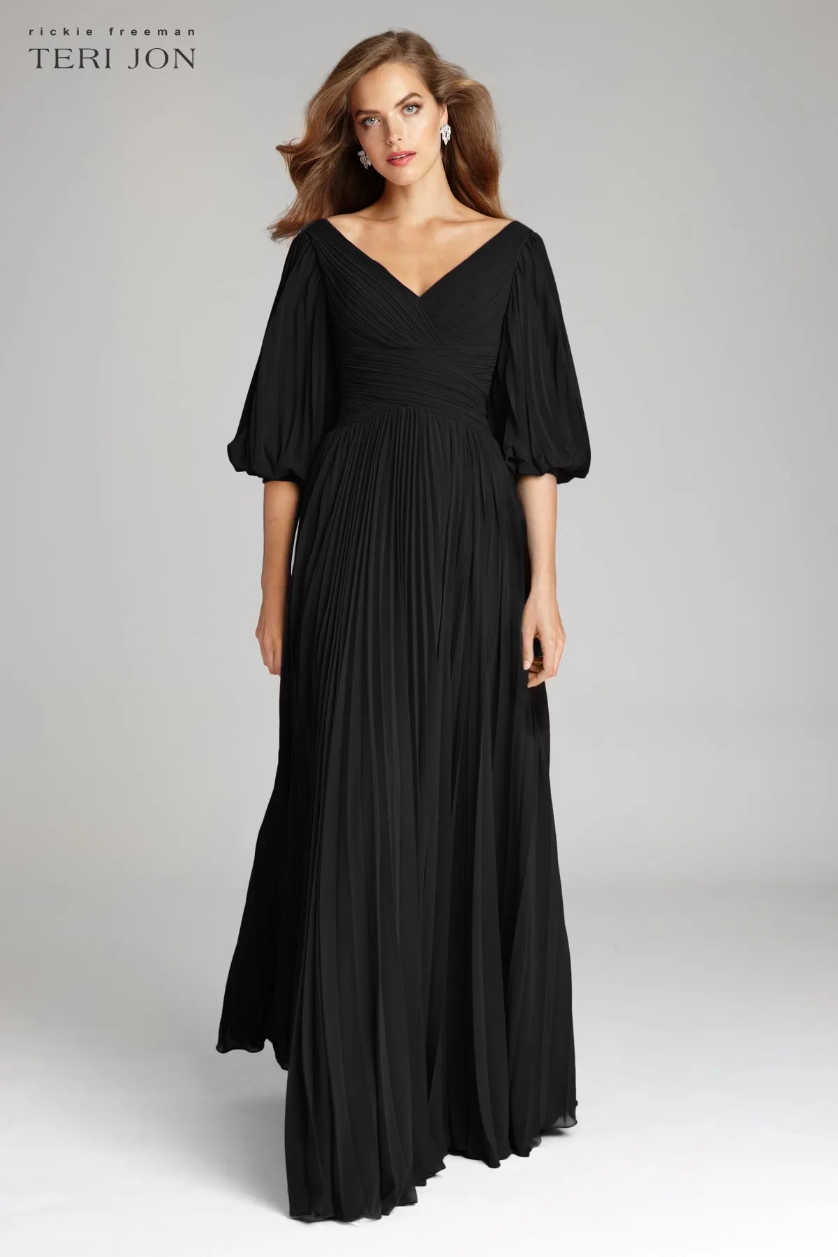 Chiffon Puff Sleeve Pleated VNeck Gown