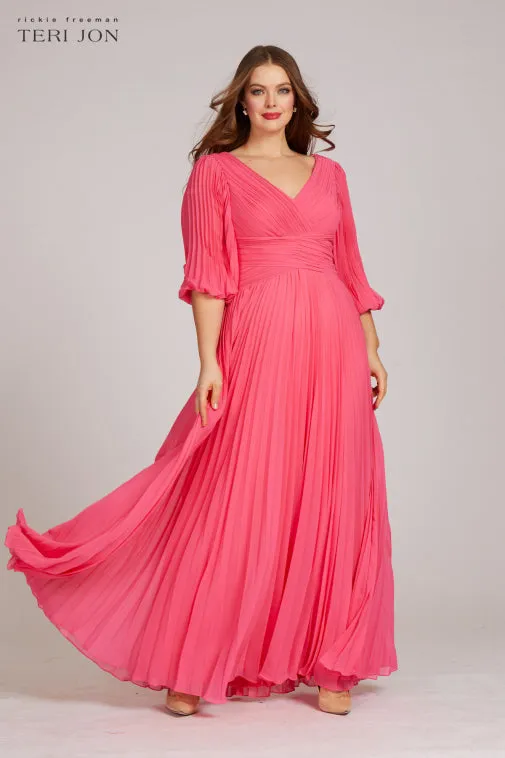Chiffon Puff Sleeve Pleated VNeck Gown