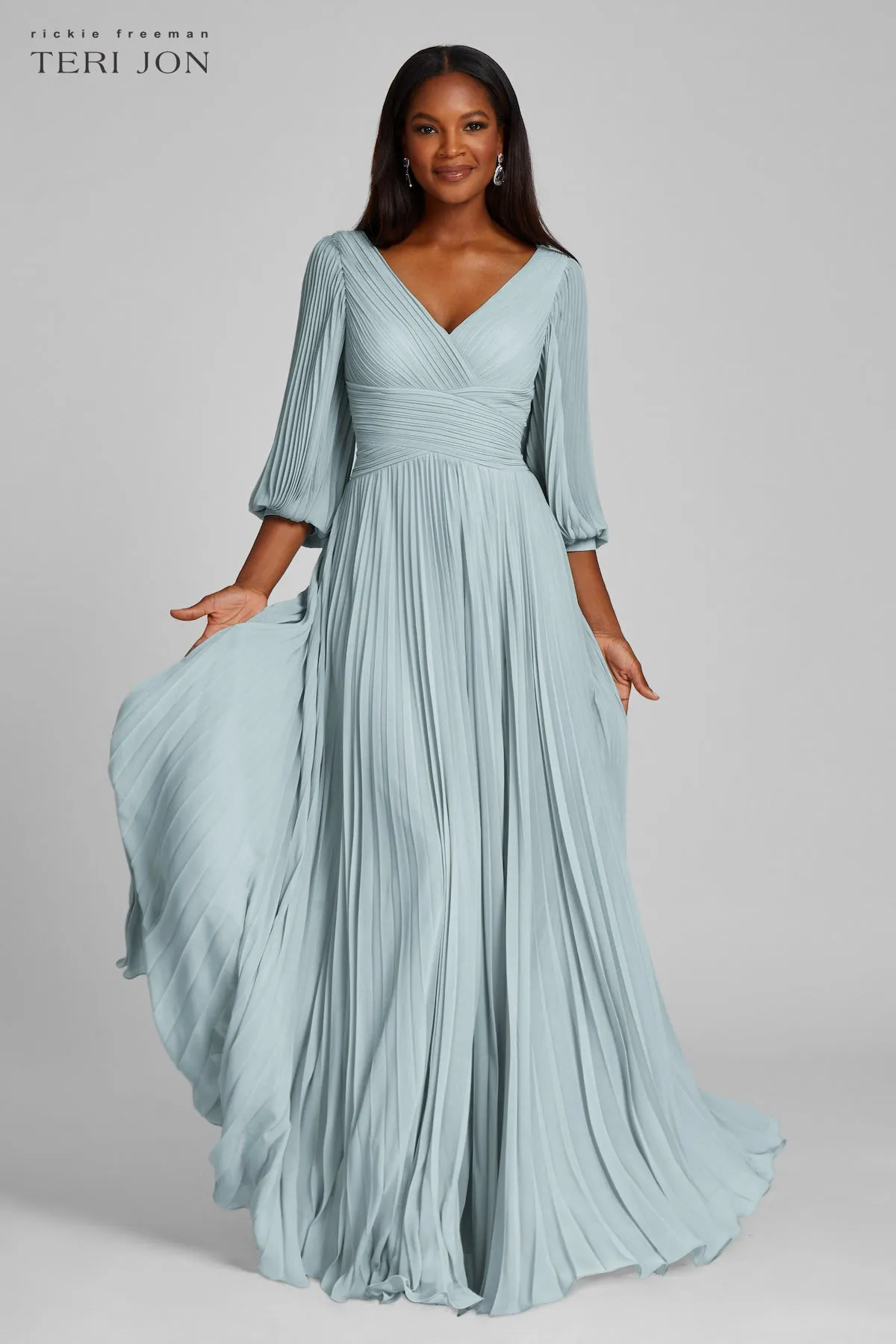 Chiffon Puff Sleeve Pleated VNeck Gown
