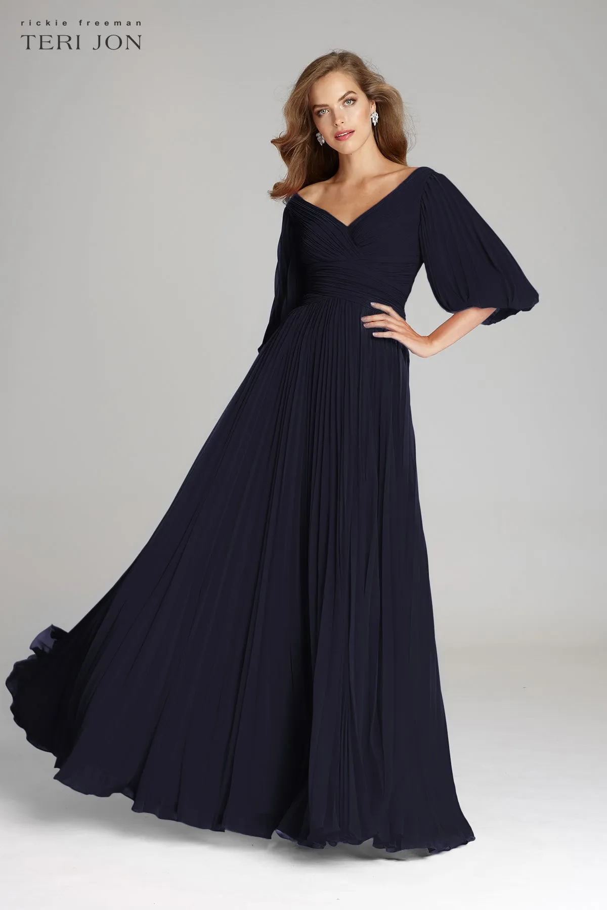 Chiffon Puff Sleeve Pleated VNeck Gown
