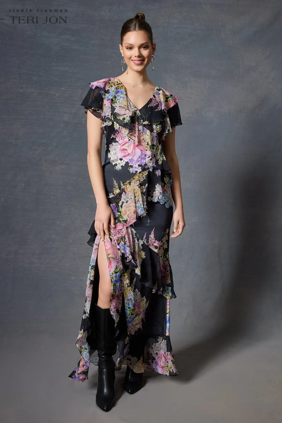 Chiffon V-Neck Ruffle Gown