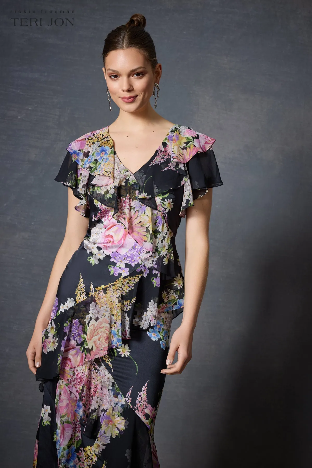 Chiffon V-Neck Ruffle Gown