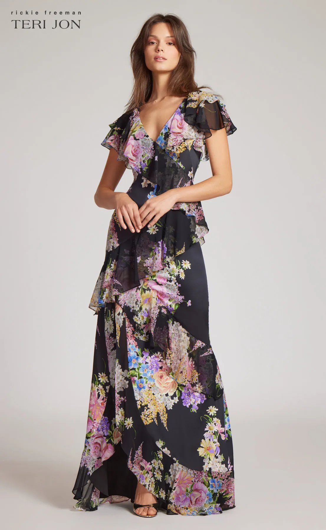 Chiffon V-Neck Ruffle Gown