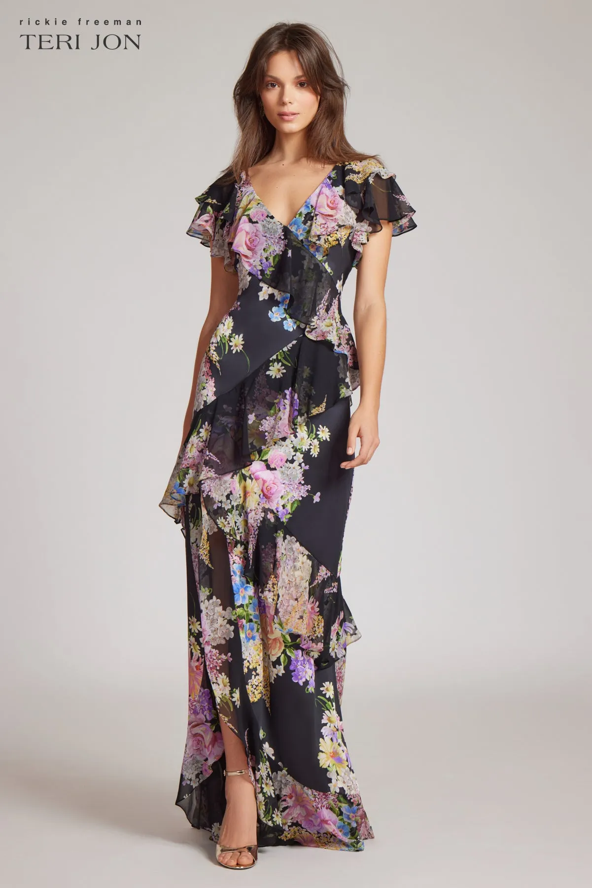 Chiffon V-Neck Ruffle Gown