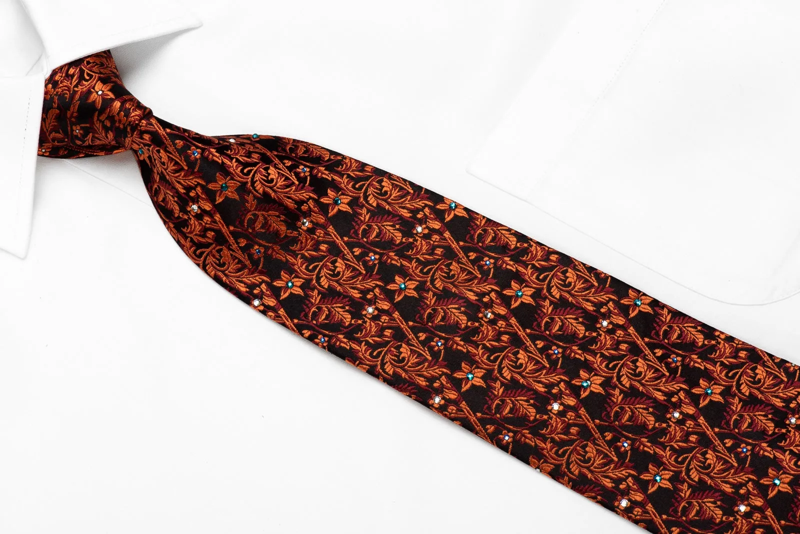 Elegance Men's Crystal Silk Tie Orange Acanthus On Black Sparkling With Rhinestones