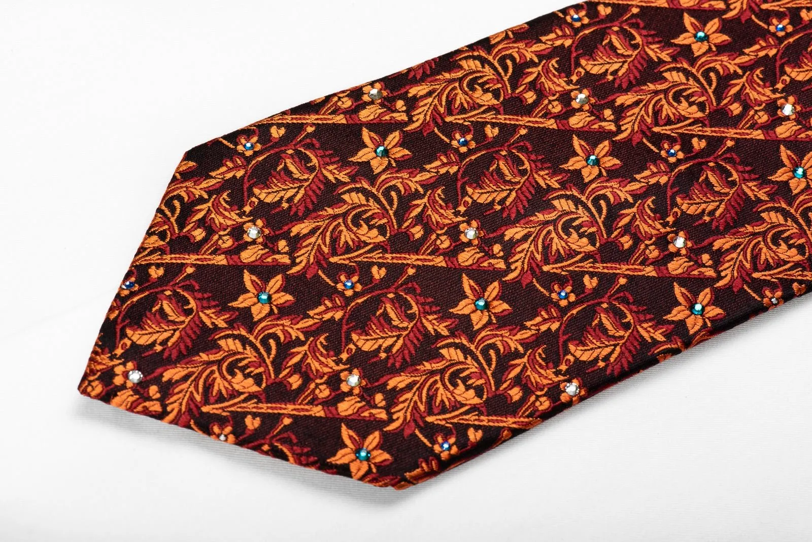 Elegance Men's Crystal Silk Tie Orange Acanthus On Black Sparkling With Rhinestones