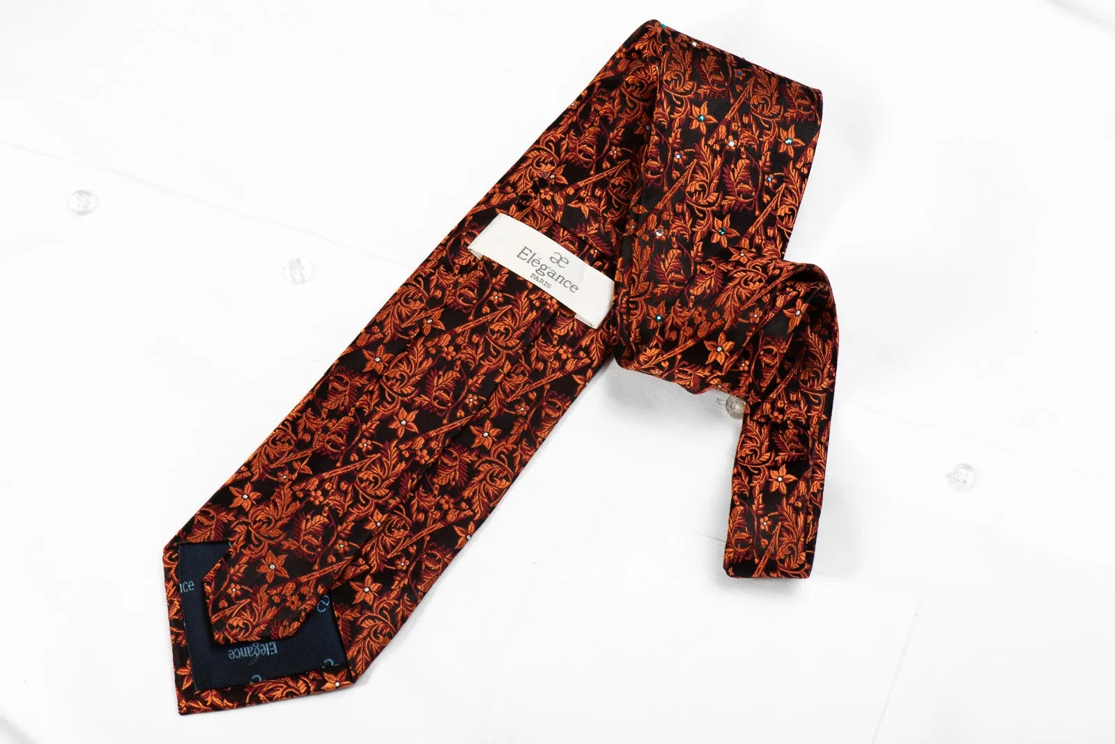 Elegance Men's Crystal Silk Tie Orange Acanthus On Black Sparkling With Rhinestones
