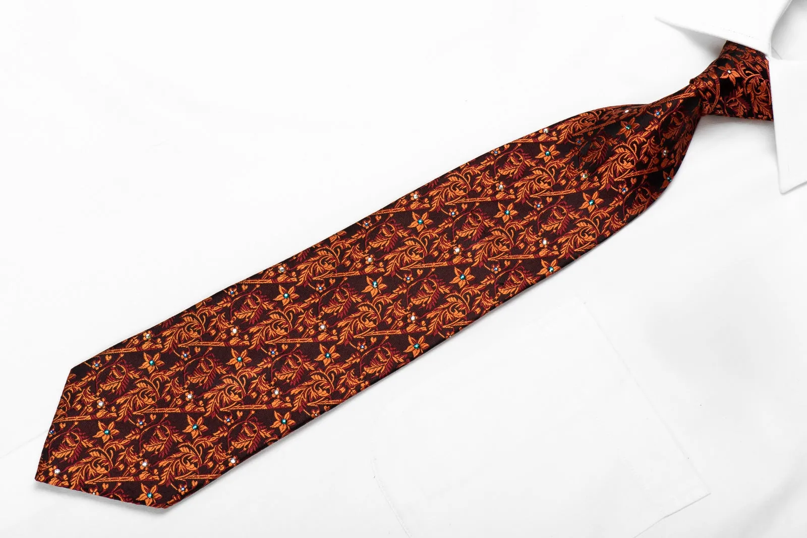 Elegance Men's Crystal Silk Tie Orange Acanthus On Black Sparkling With Rhinestones