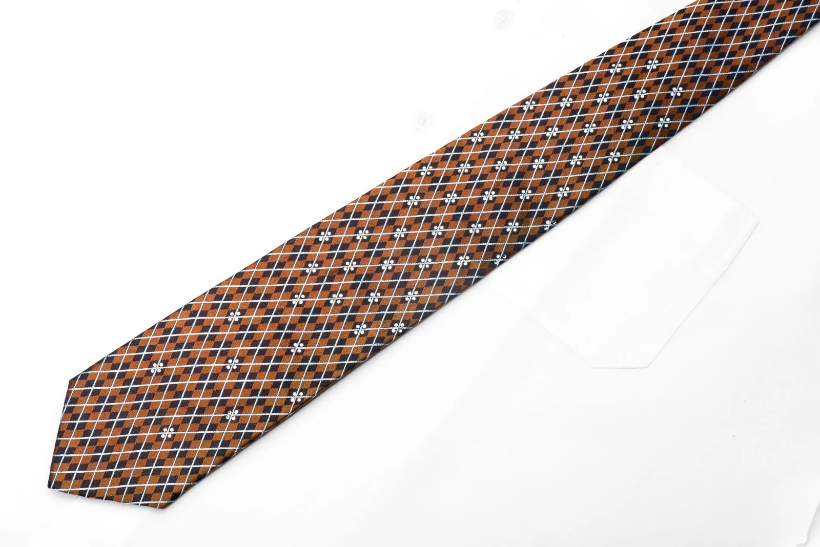 Elegance Men's Silk Necktie Navy Harlequin On Brown Sparkling With Crystal Rhinestones