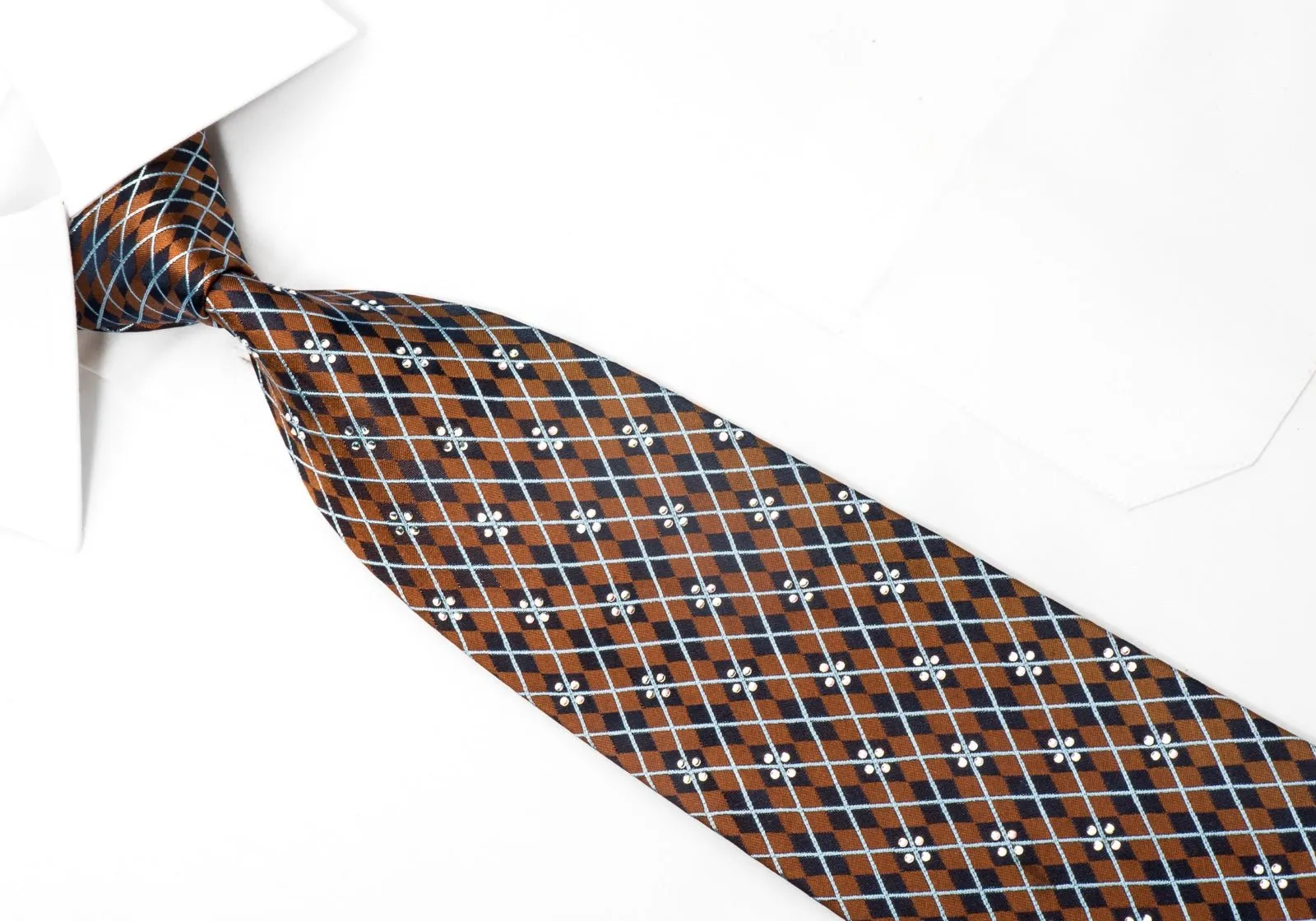Elegance Men's Silk Necktie Navy Harlequin On Brown Sparkling With Crystal Rhinestones