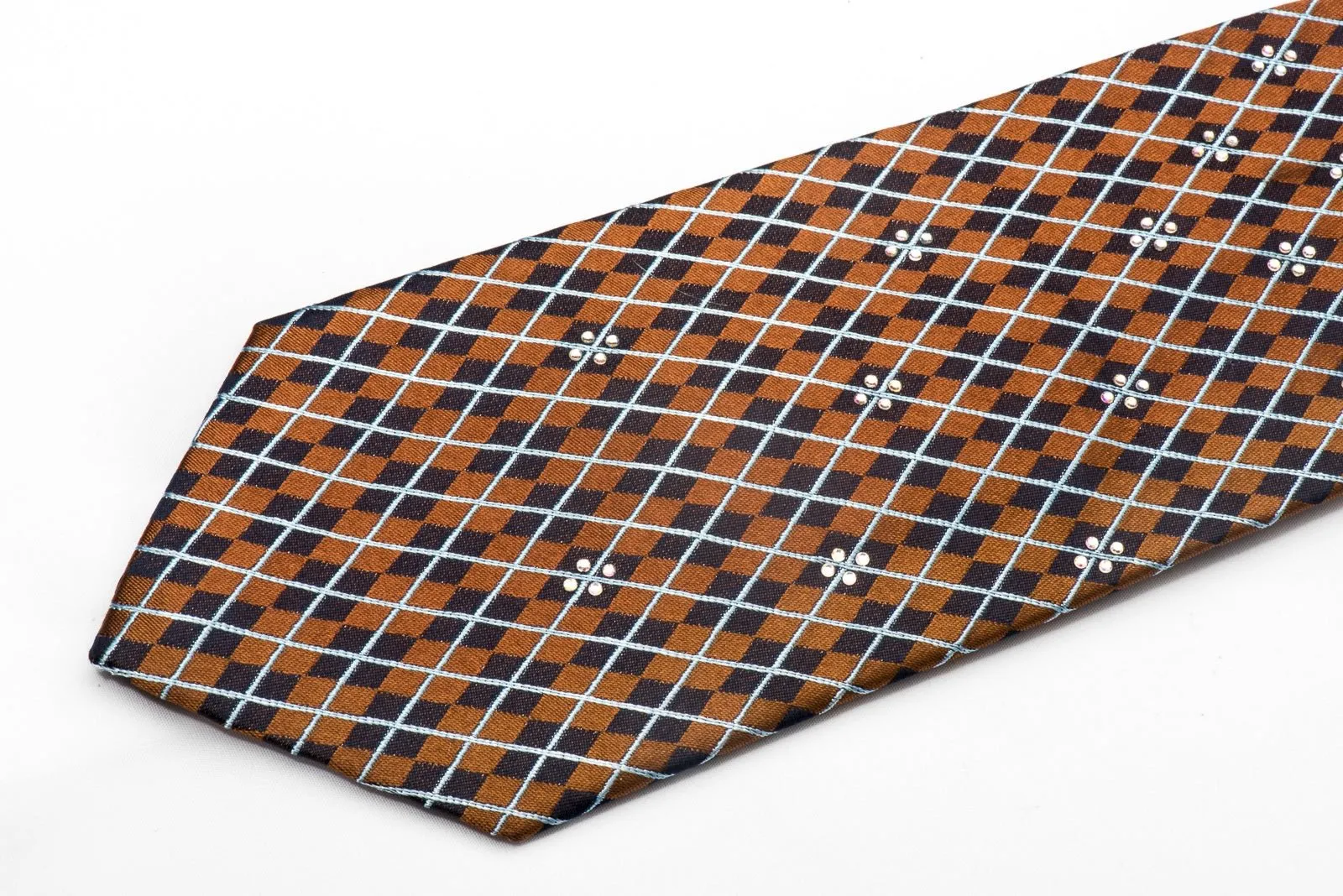 Elegance Men's Silk Necktie Navy Harlequin On Brown Sparkling With Crystal Rhinestones