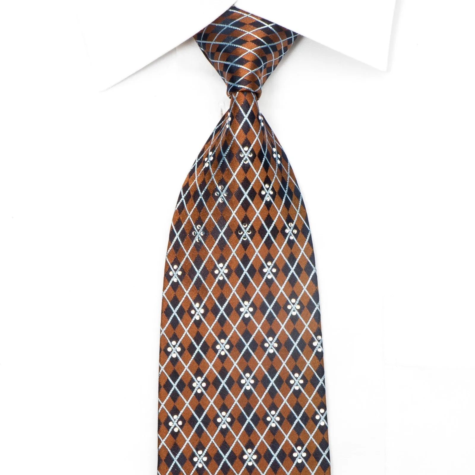 Elegance Men's Silk Necktie Navy Harlequin On Brown Sparkling With Crystal Rhinestones