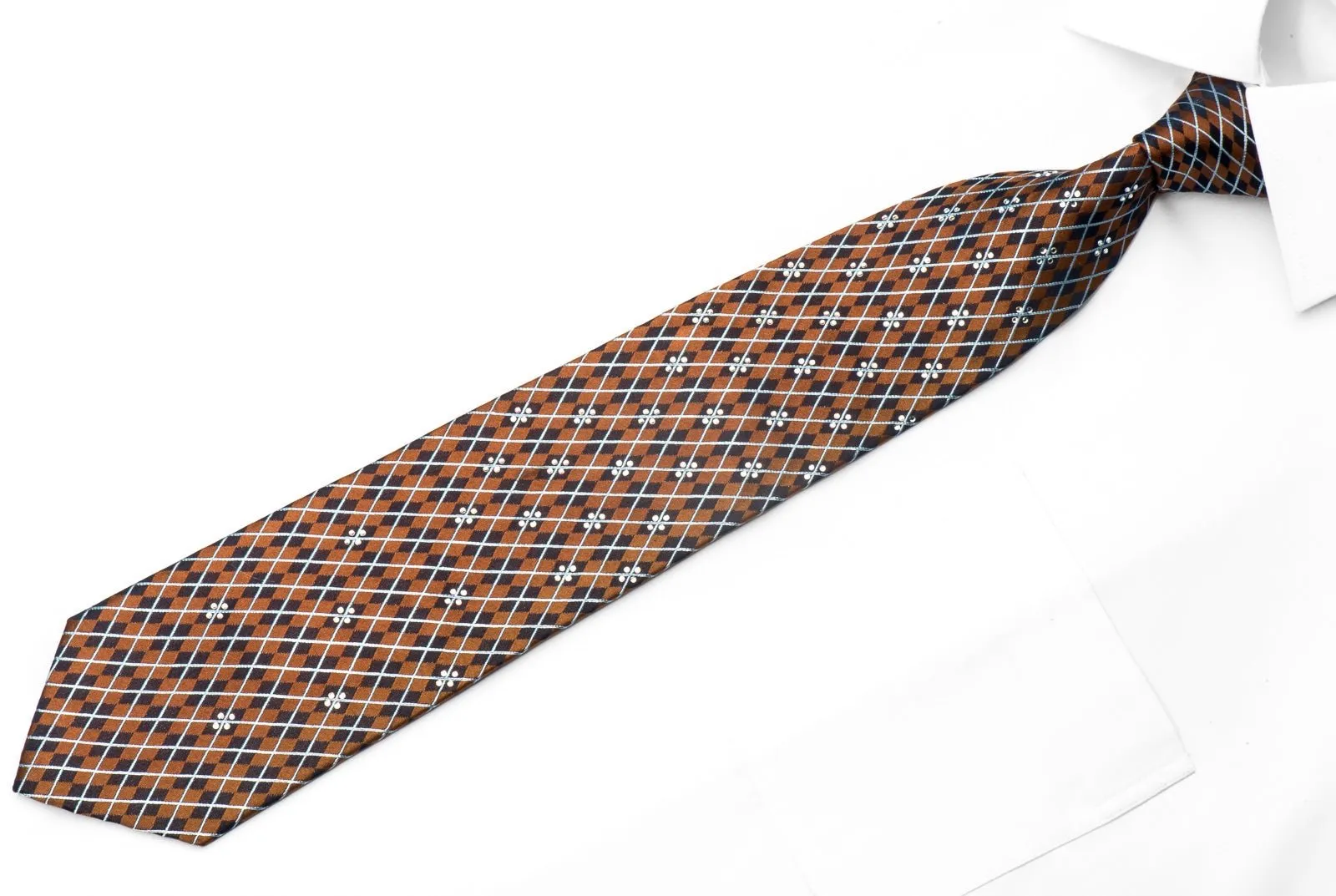 Elegance Men's Silk Necktie Navy Harlequin On Brown Sparkling With Crystal Rhinestones